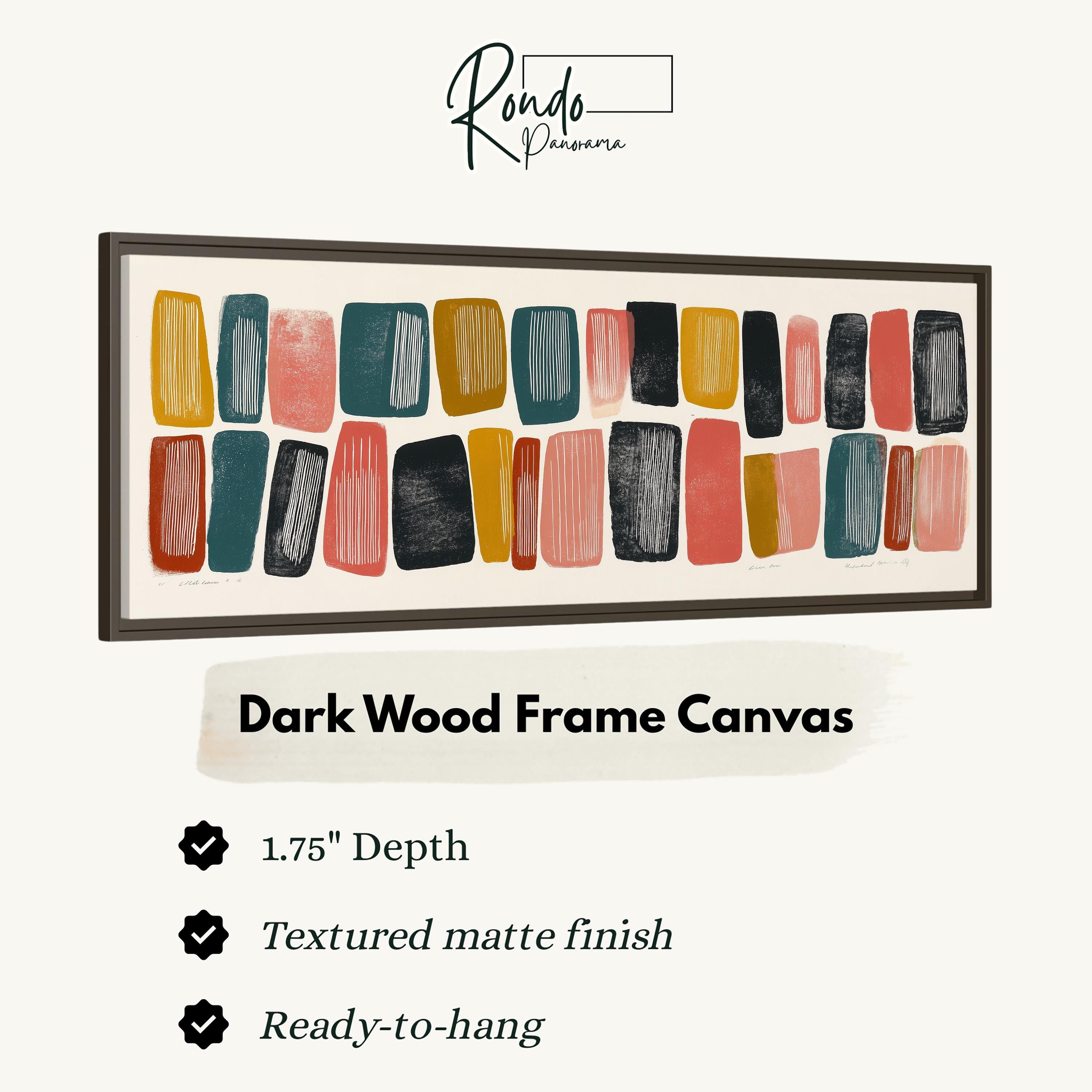 The image is a product advertisement for a dark wood frame canvas. It features a close-up of the canvas with a variety of abstract shapes in different colors, such as pink, green, and black. The advertisement highlights the canvas's features, including its 1.75" depth, textured matte finish, and ready-to-hang nature.