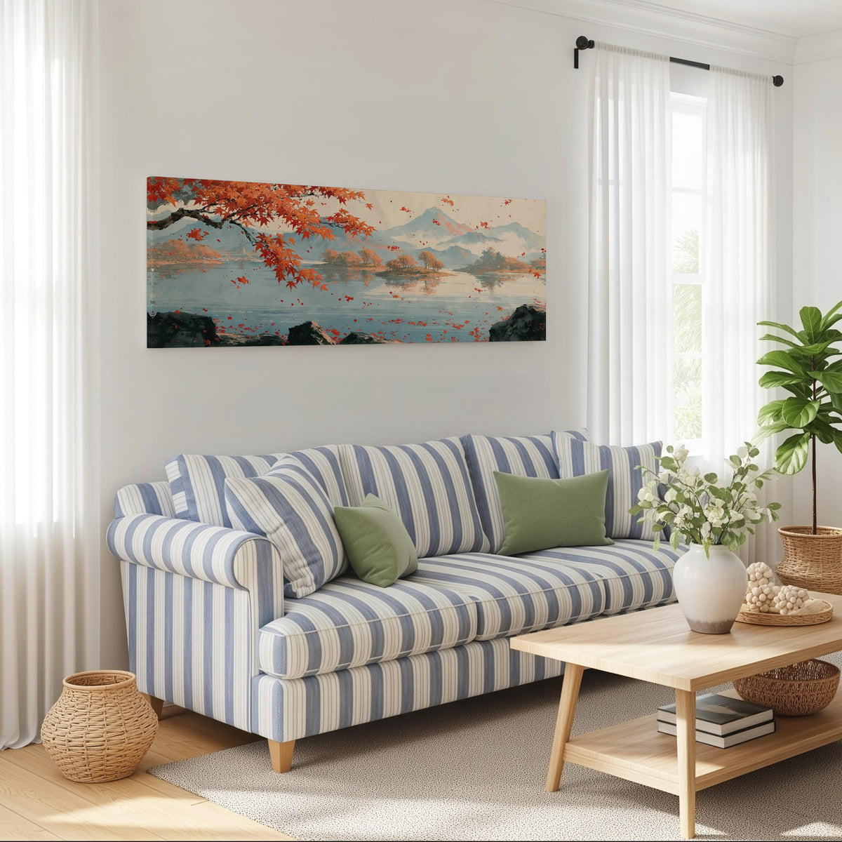 Japanese maple over a misty lake long horizontal canvas print above a striped sofa in a coastal living room