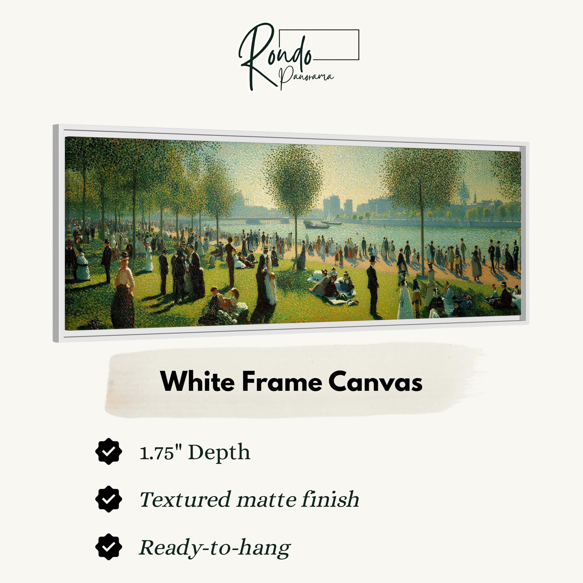 The image is a painting of a park scene with a large crowd of people gathered in the grassy area near a body of water.