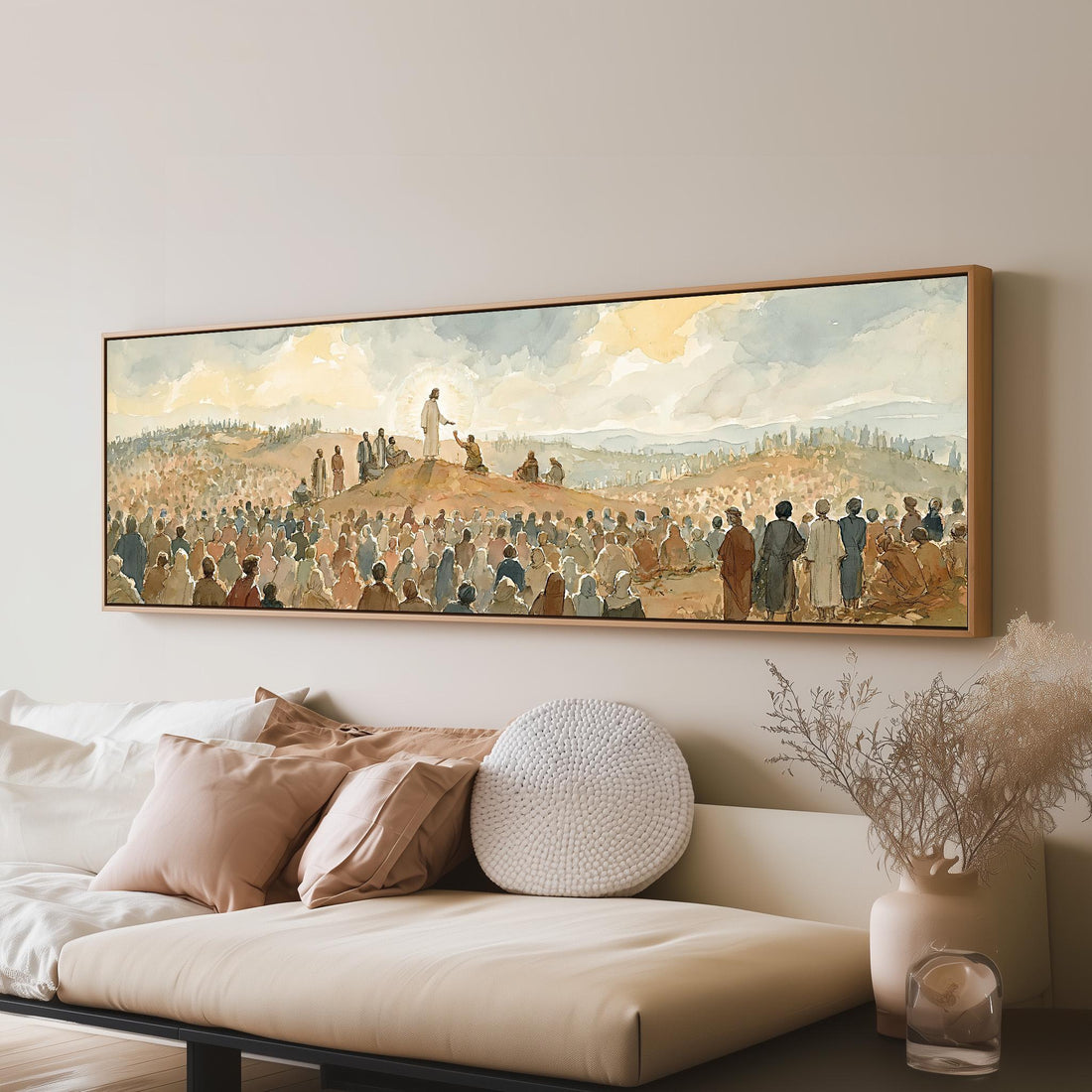 Jesus preaching to a great crowd long horizontal canvas print above a sofa in a living room