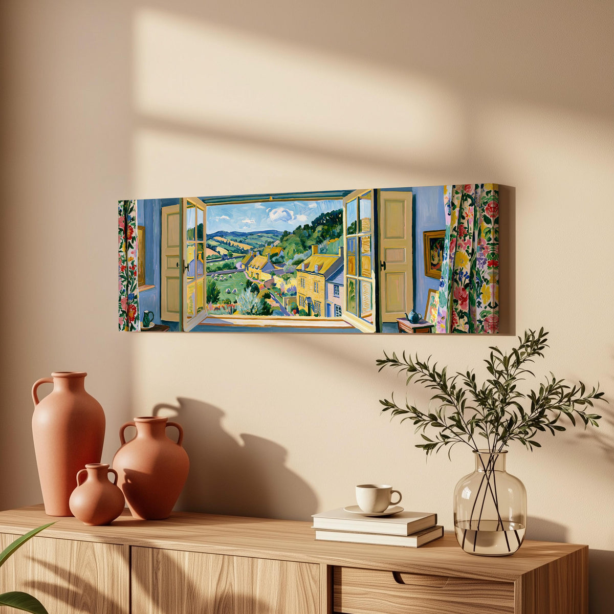 English countryside village through a window long horizontal canvas print above a wooden sideboard