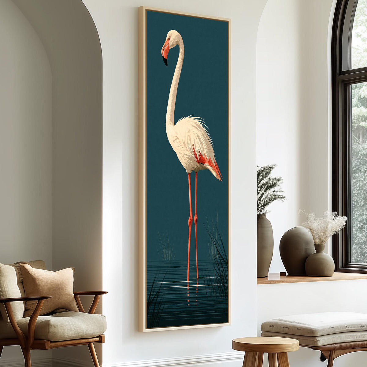 Pale flamingo standing on dark teal tall skinny canvas print in a sunlit living space