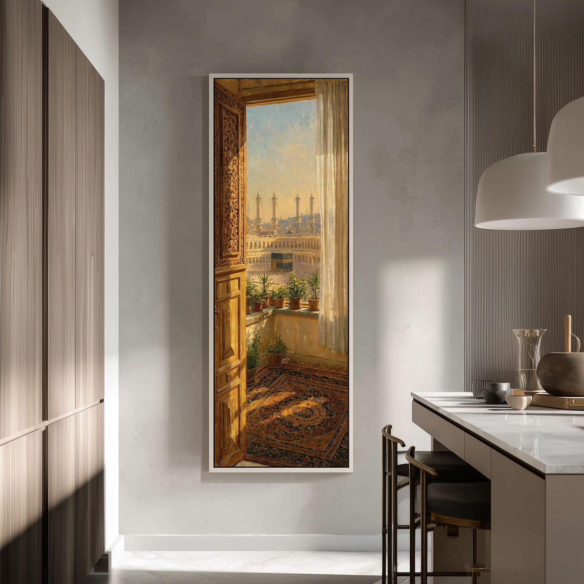 View of Mecca from an ornate window tall skinny canvas print in a modern kitchen
