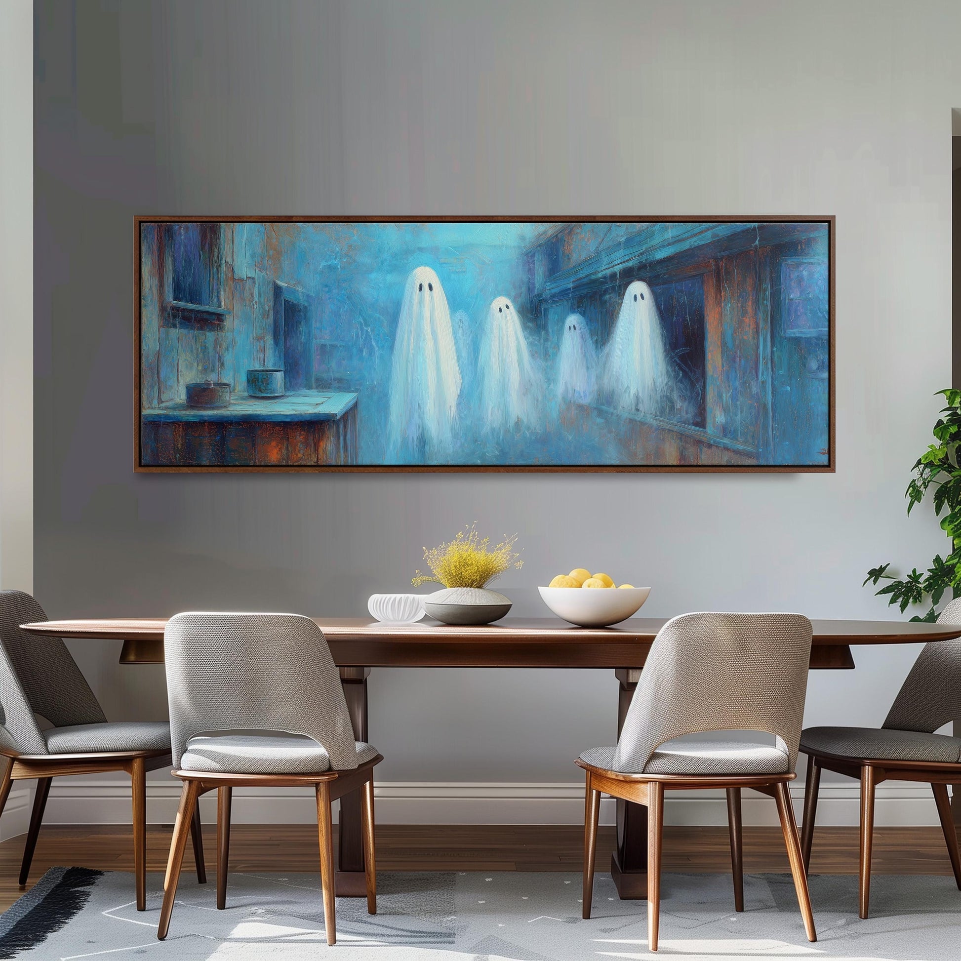 a large painting of four ghostly figures in a room, hanging on a wall above a wooden dining table with four chairs.