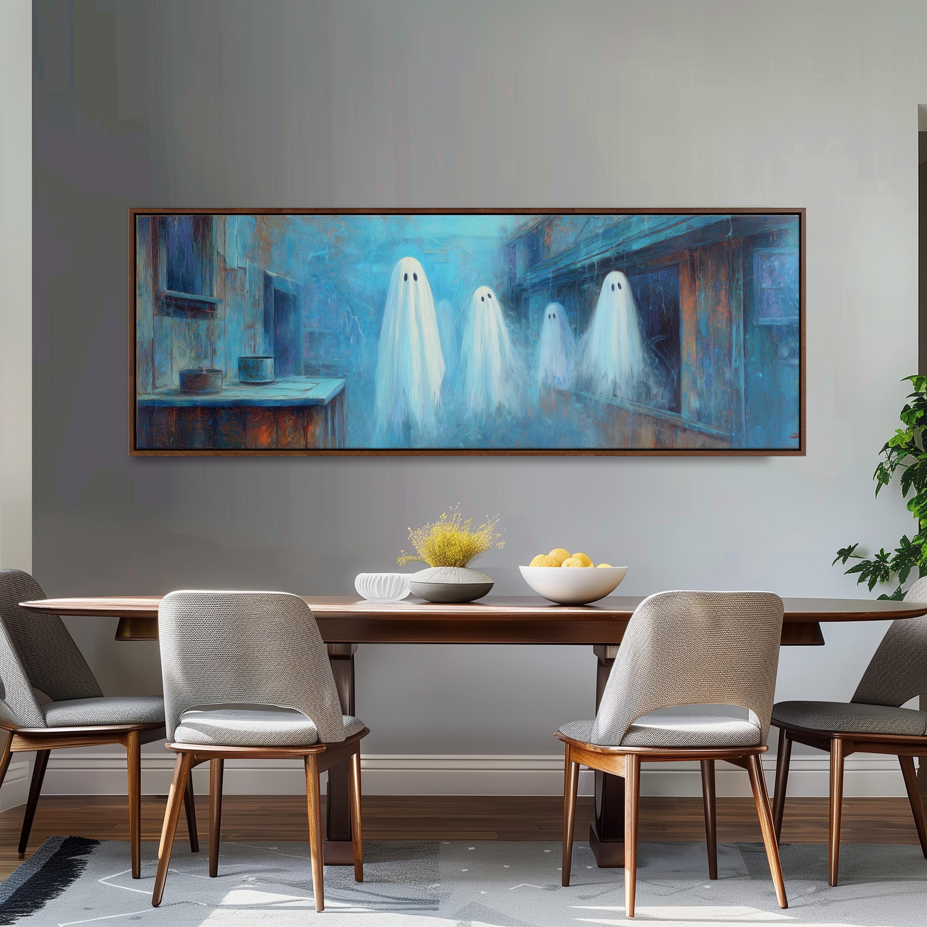 a large painting of four ghostly figures in a room, hanging on a wall above a wooden dining table with four chairs.