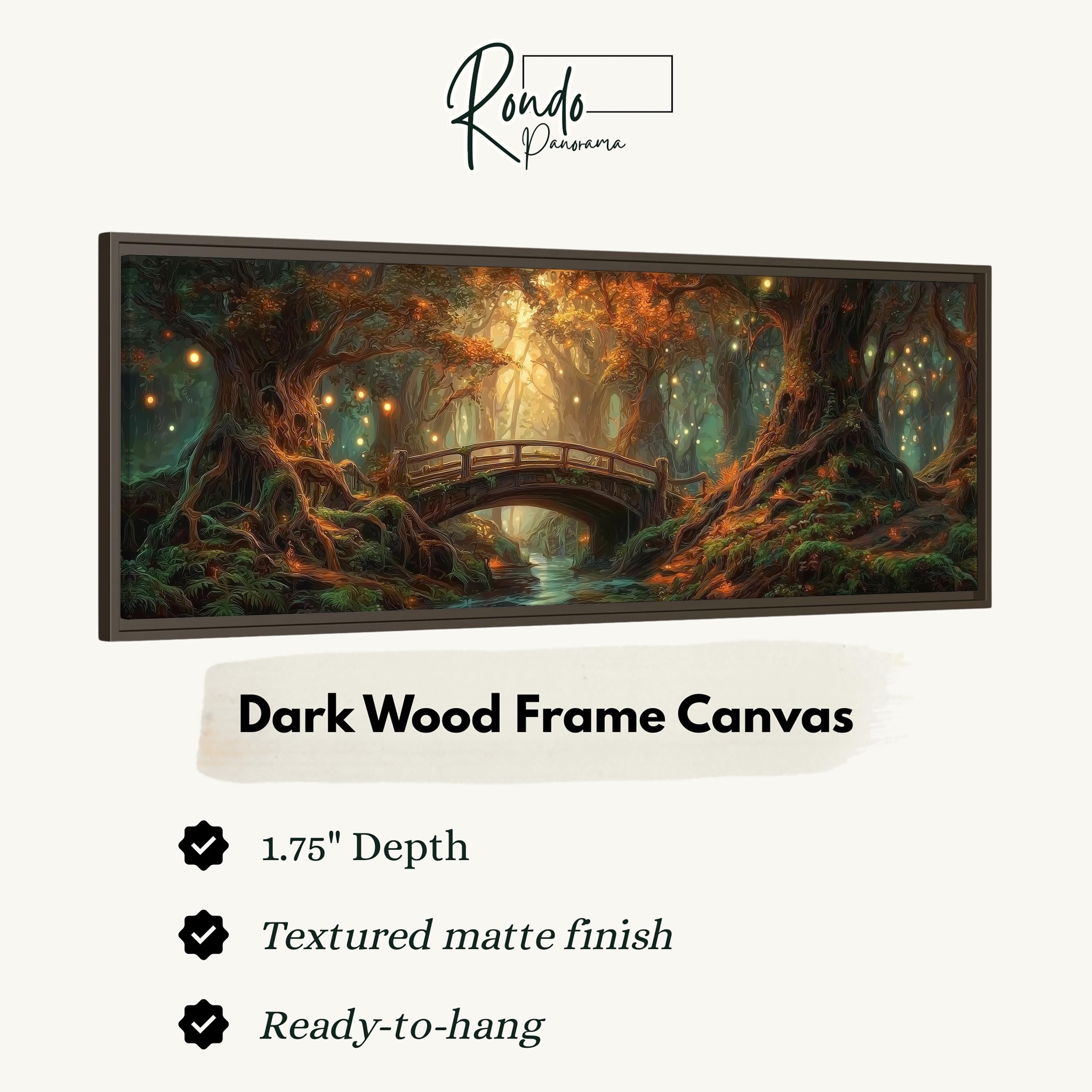The image is a framed canvas depicting a forest scene with a bridge.
