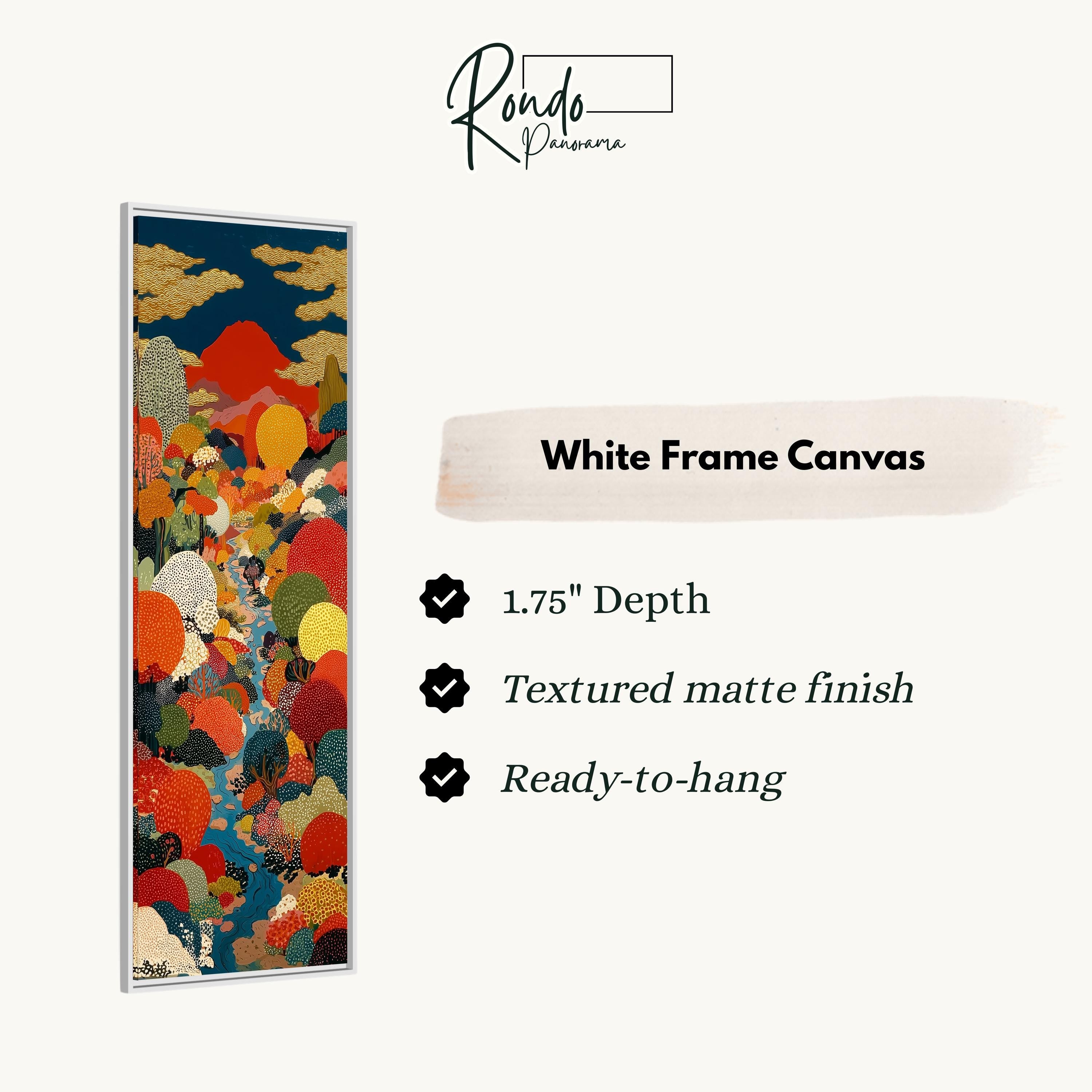 The image is a white frame canvas with a vibrant, colorful abstract painting depicting a lush, tropical landscape.