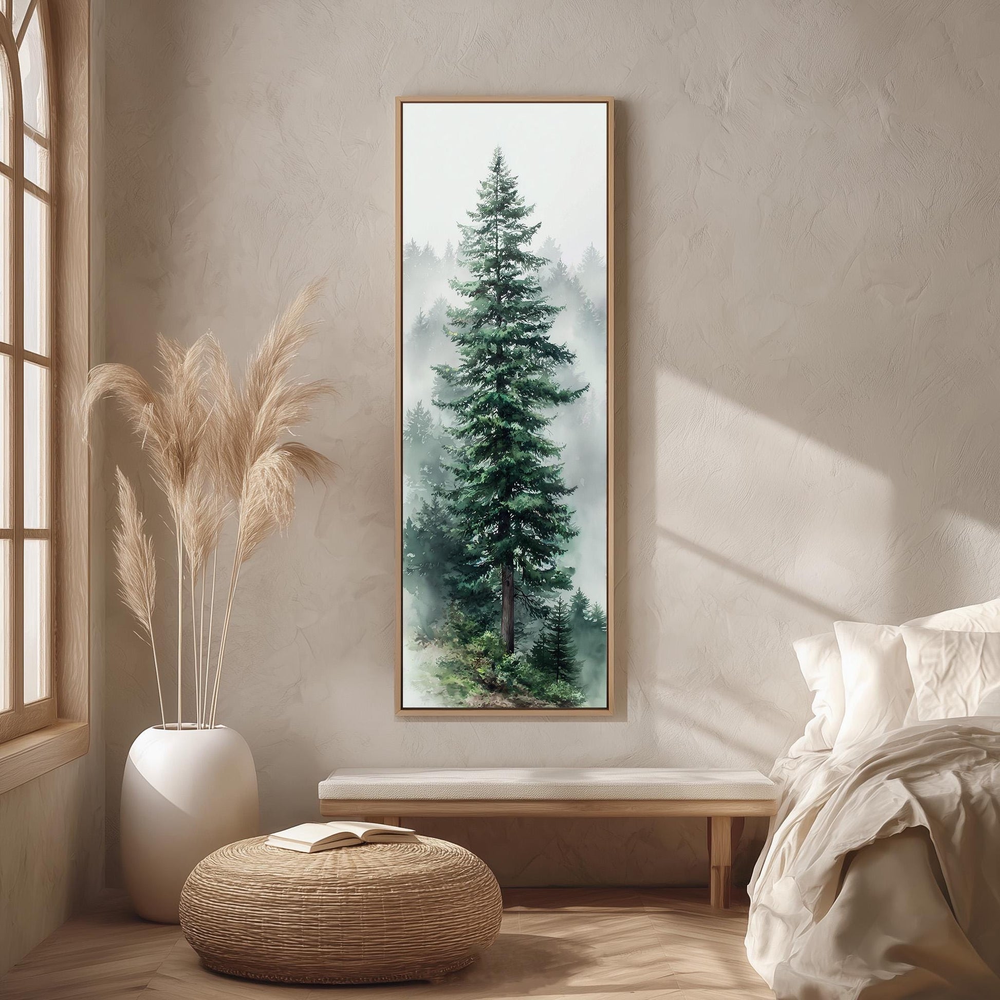 a serene bedroom scene with a large framed painting of a tall pine tree hanging on the wall, a white bench, a woven ottoman, and a window with a plant on the sill.
