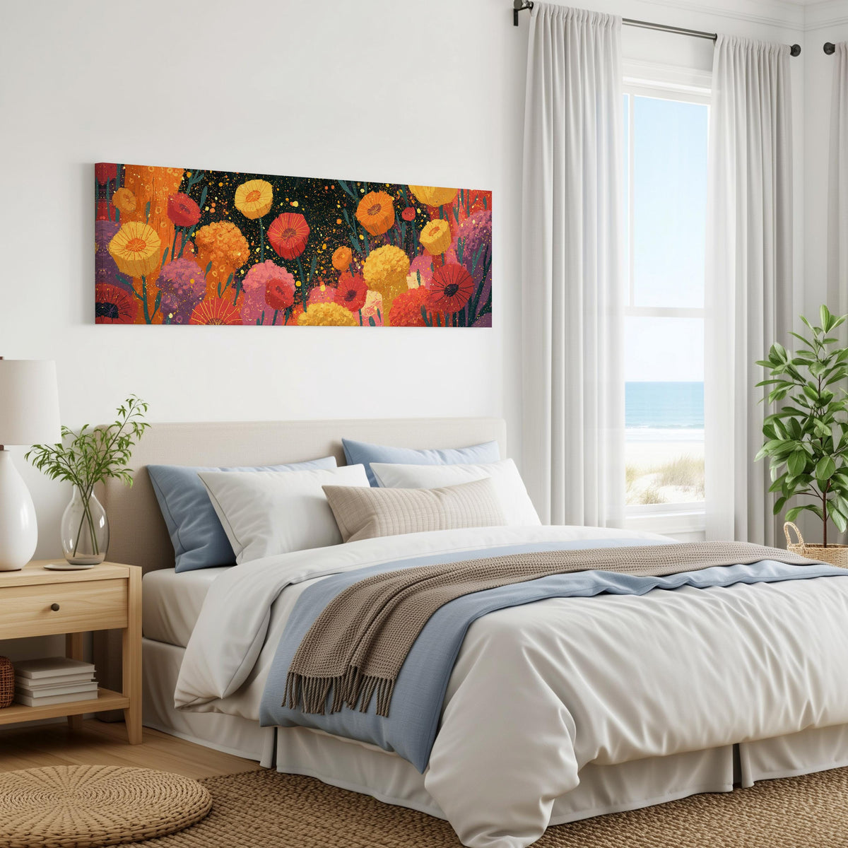 Confetti poppy field panoramic canvas print above a bed in a coastal bedroom