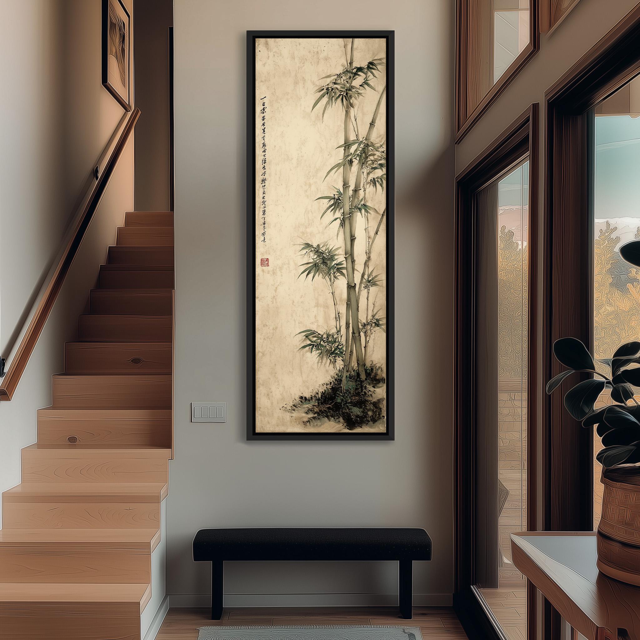 a hallway with a wooden staircase, a large painting of bamboo plants hanging on the wall, and a bench in the foreground.