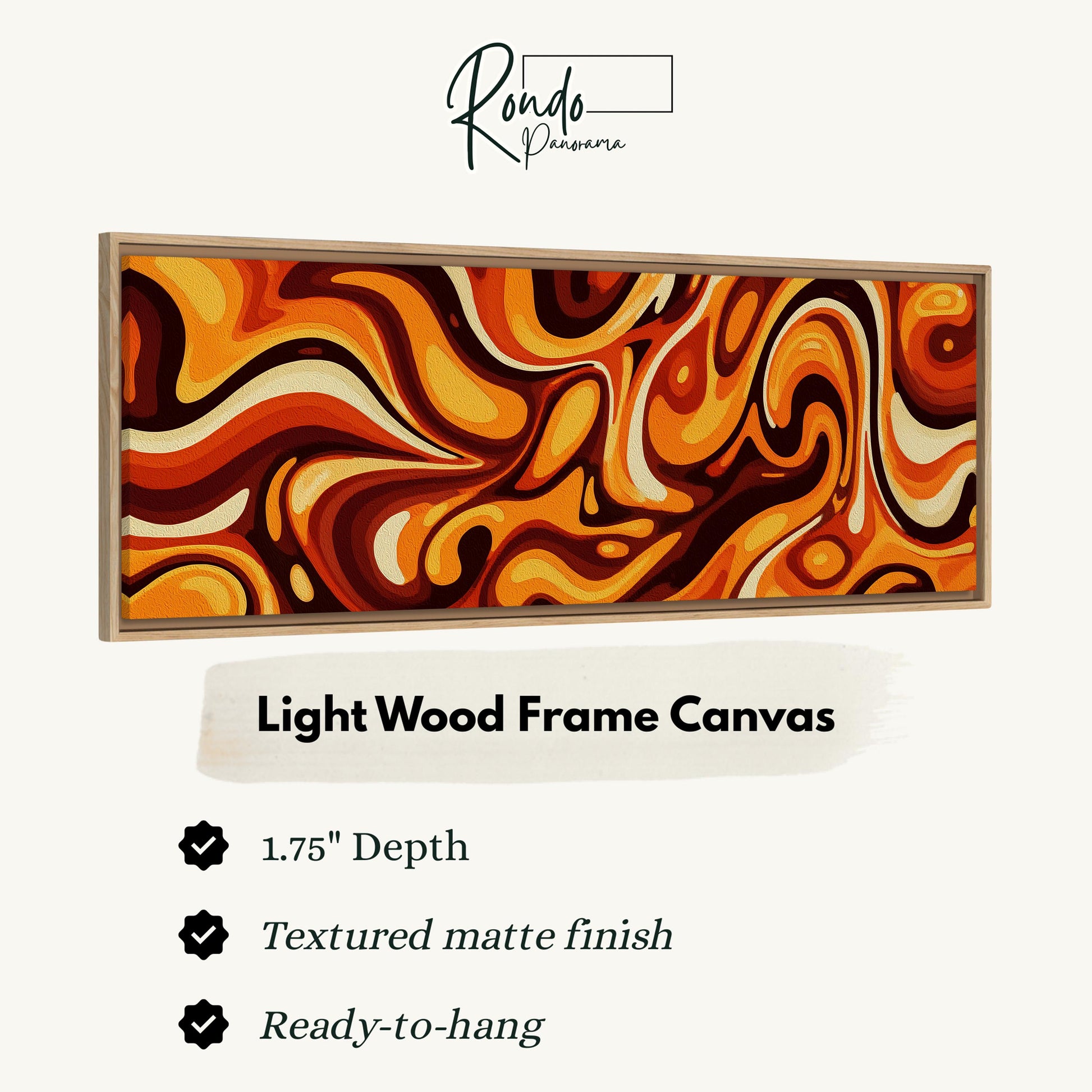 a large, abstract, and colorful painting of swirling shapes in shades of orange, red, and yellow. The painting is displayed in a light wood frame, and the image is described as a "Light Wood Frame Canvas" with a 1.75" depth and a textured matte finish. The image is ready to hang.
