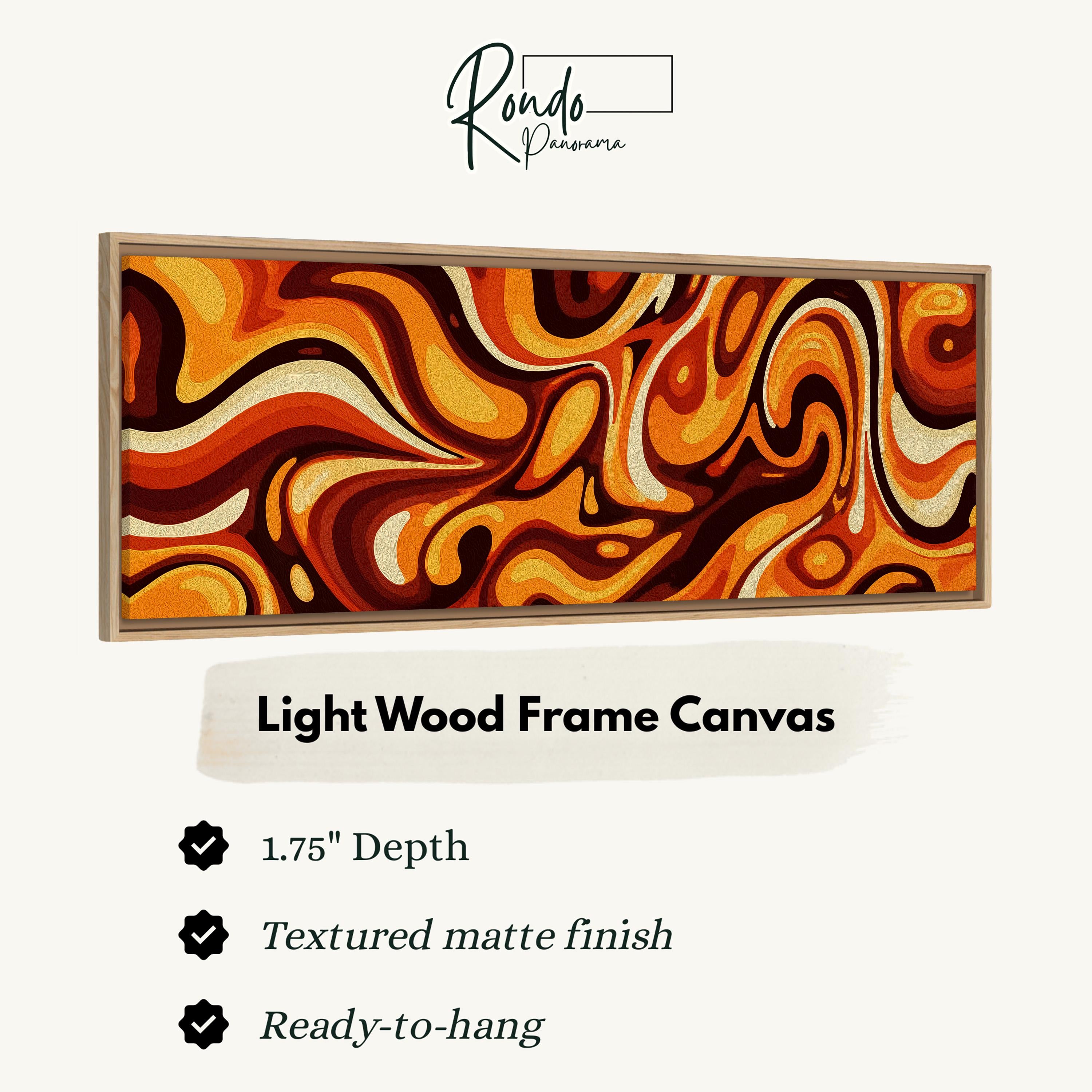 a large, abstract, and colorful painting of swirling shapes in shades of orange, red, and yellow. The painting is displayed in a light wood frame, and the image is described as a "Light Wood Frame Canvas" with a 1.75" depth and a textured matte finish. The image is ready to hang.