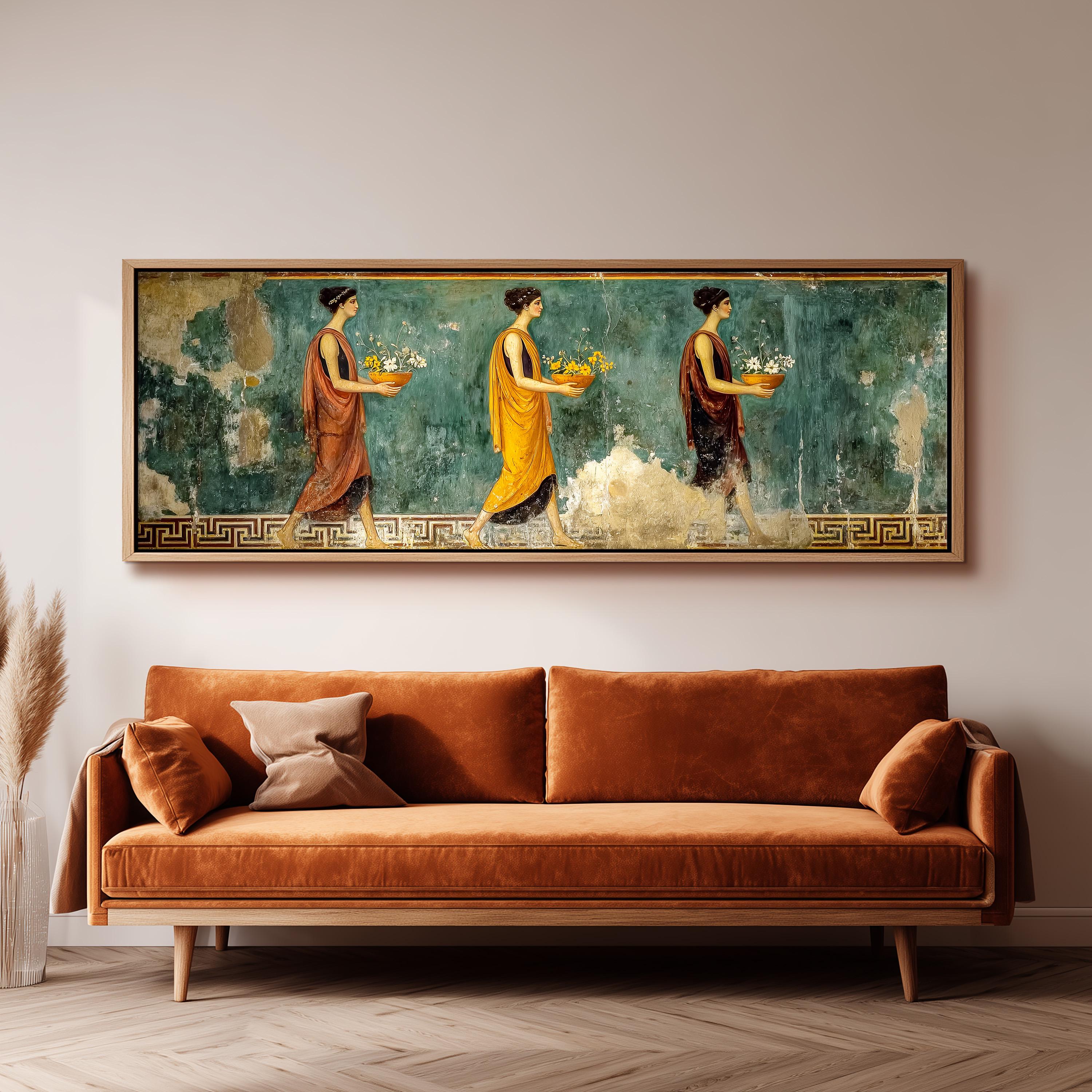 a large painting of three women in colorful dresses, each carrying a basket of fruit, displayed on a wall above a brown sofa.