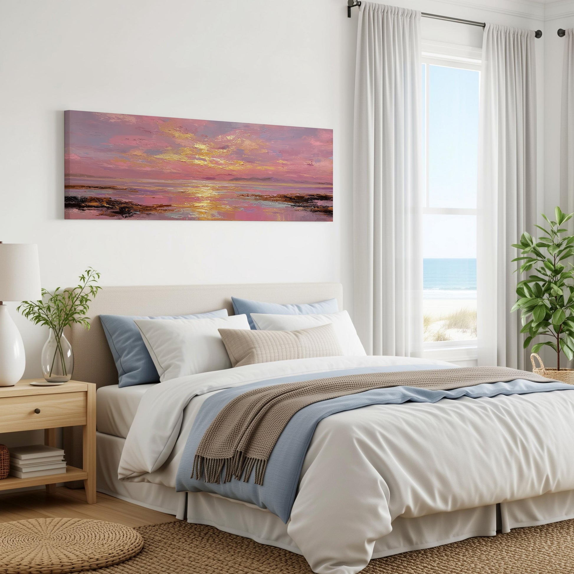 a serene bedroom with a large bed, a painting of a sunset on the wall, and a window overlooking the ocean.