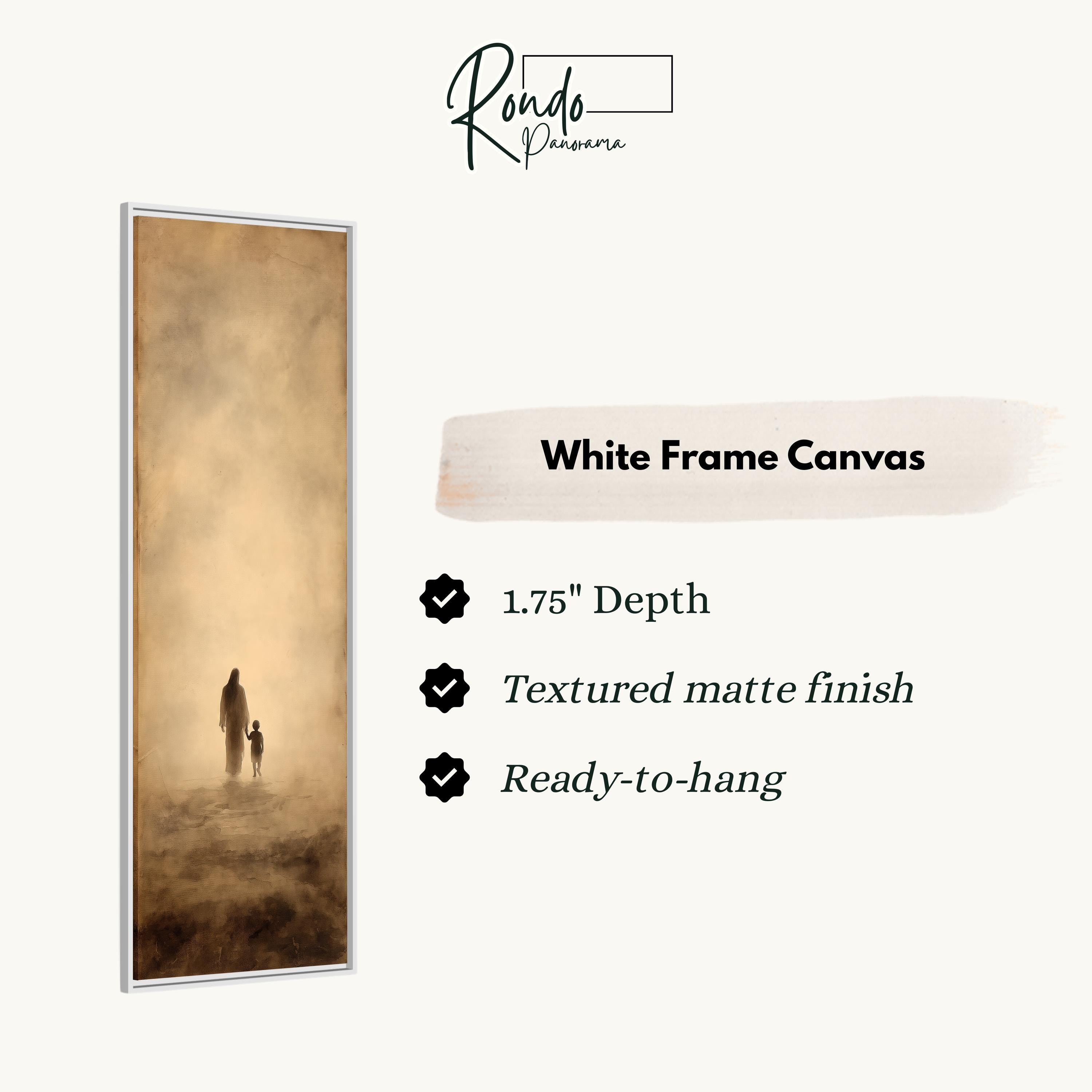 The image is a white frame canvas depicting a person and a child walking through a misty, foggy landscape.