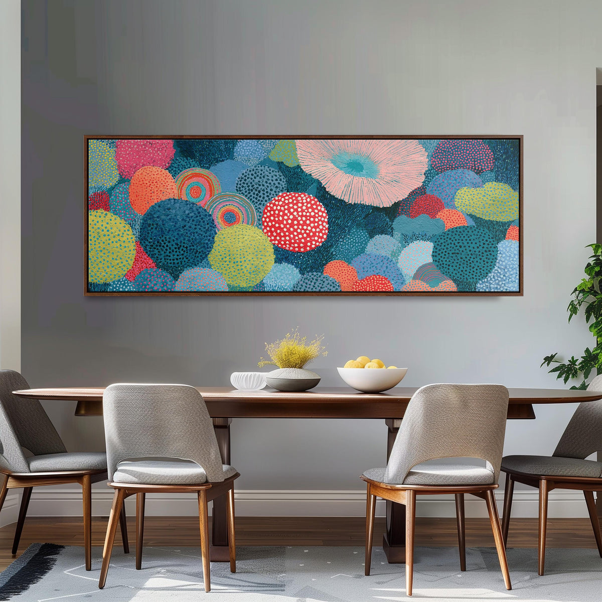 Coral spirals and dotted circles long horizontal canvas print above a dining table