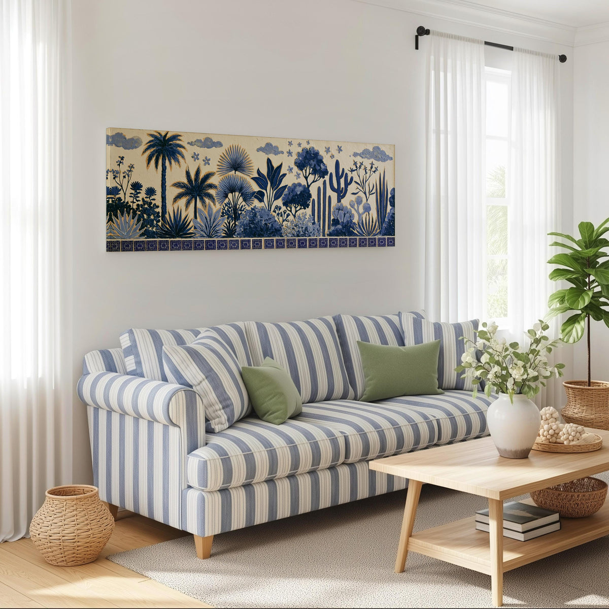 Blue palms, cacti and flowers pattern long horizontal canvas print above a striped sofa in a coastal living room