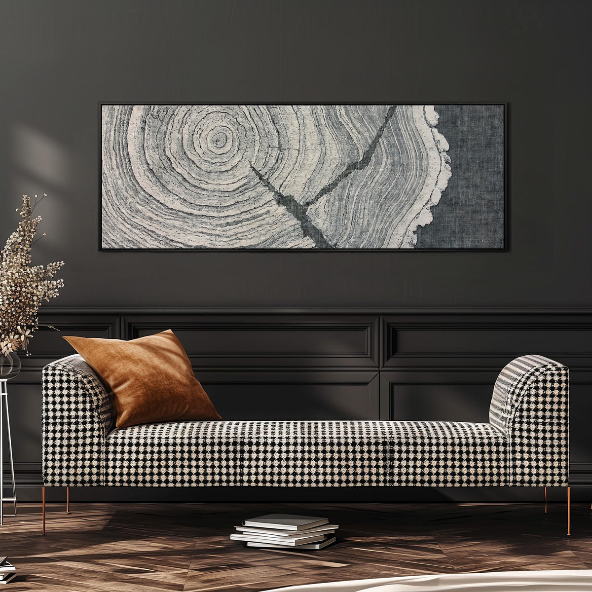 Grey tree ring on linen texture long horizontal canvas print above a sofa in a living room