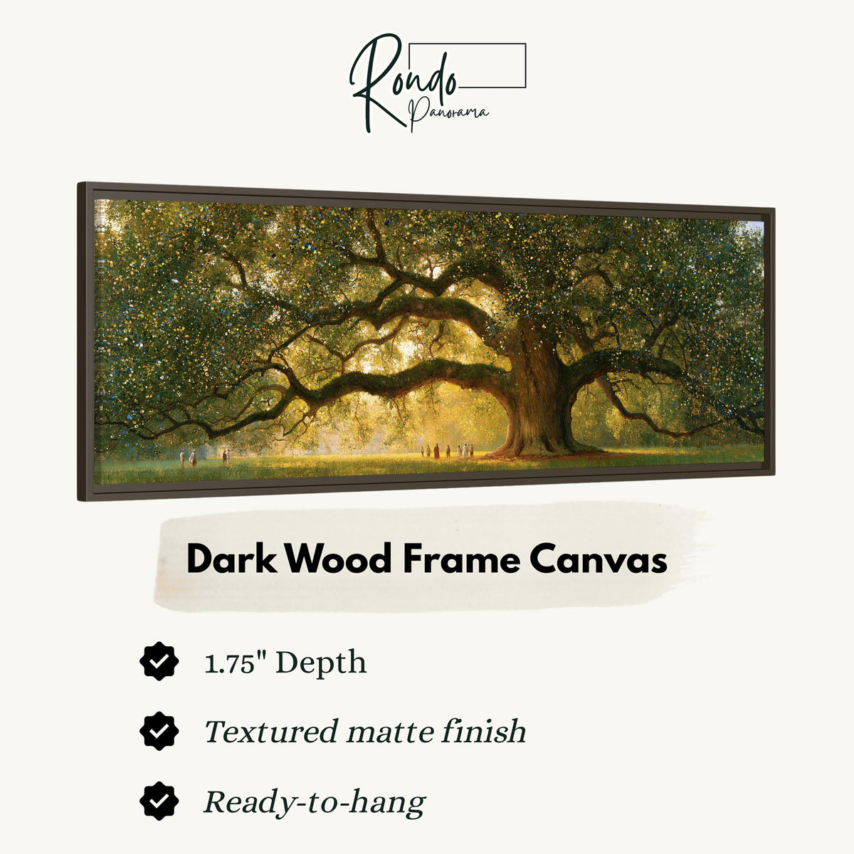Golden oak tree in a park canvas print in a dark wood floating frame