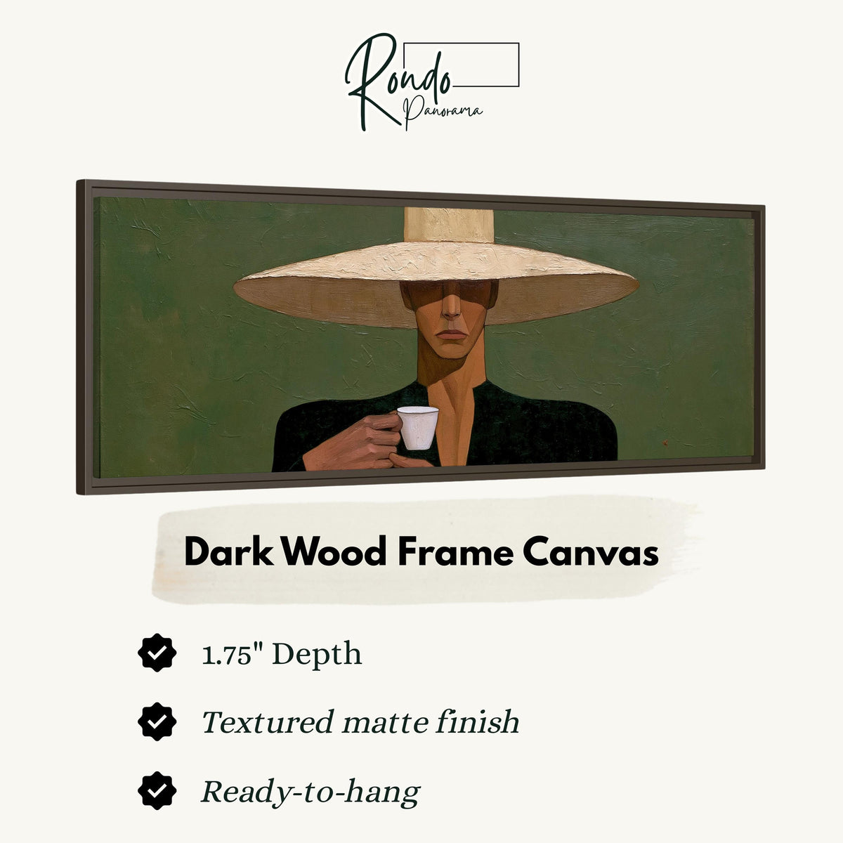 Shadowed woman in a sun hat with espresso canvas print in a dark wood floating frame