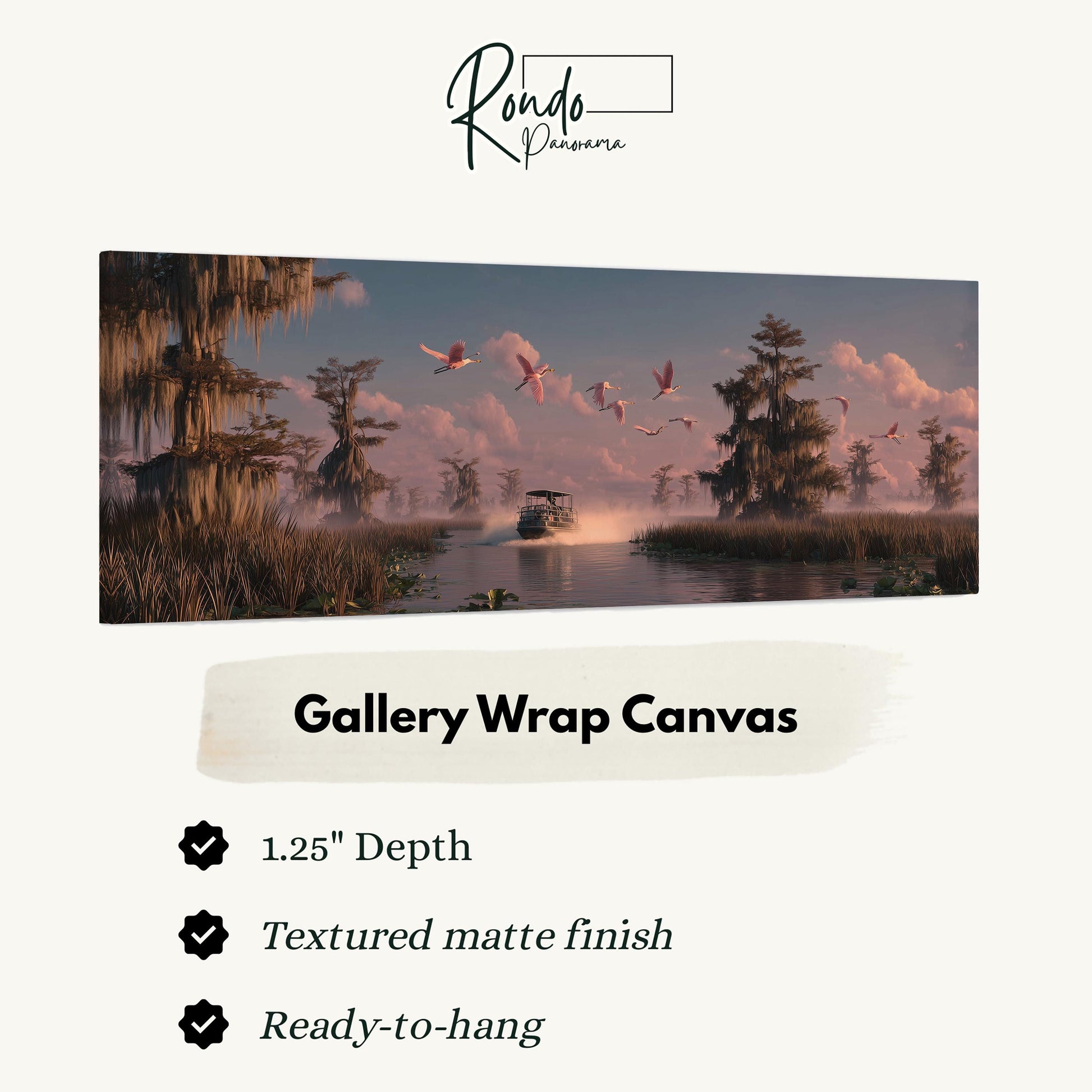 The image is a gallery wrap canvas featuring a serene landscape with a boat on a river, surrounded by trees and birds flying overhead.