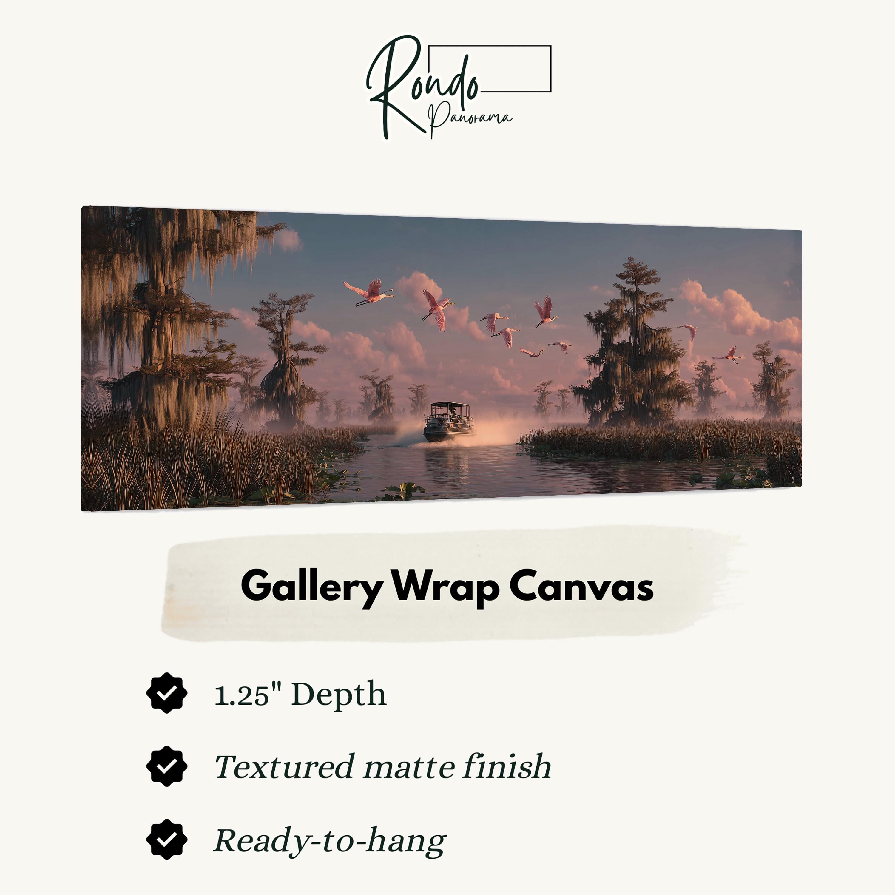 The image is a gallery wrap canvas featuring a serene landscape with a boat on a river, surrounded by trees and birds flying overhead.