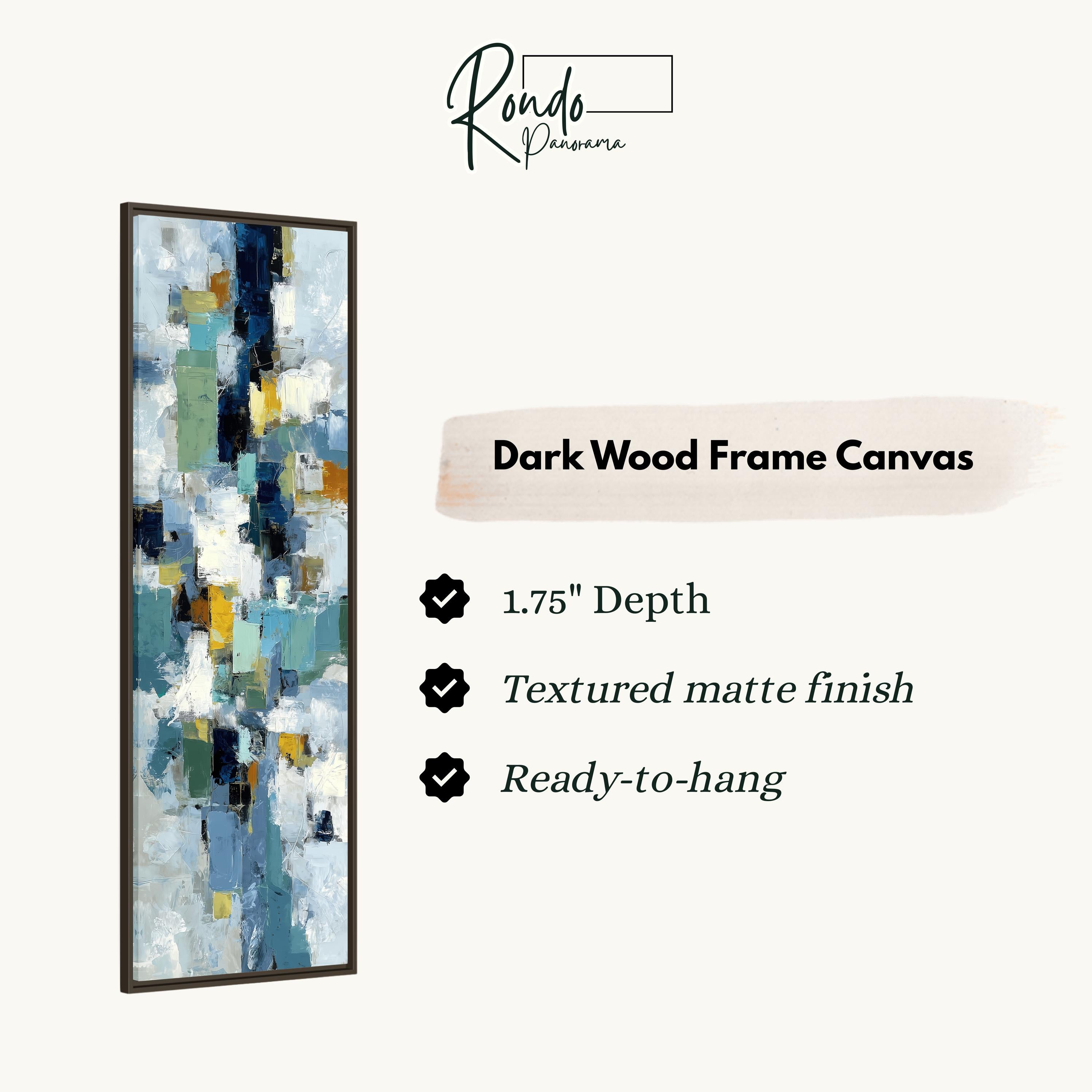 The image is a product advertisement for a dark wood frame canvas. It features a painting of a colorful abstract artwork with a 1.75" depth and a textured matte finish. The canvas is ready to hang.
