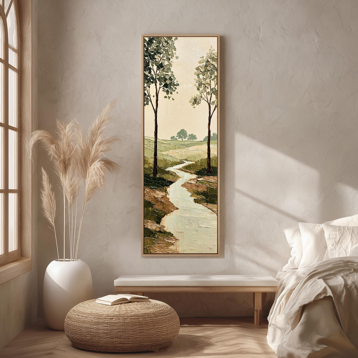 Stream winding between trees into the countryside long vertical canvas print in a bright reading corner