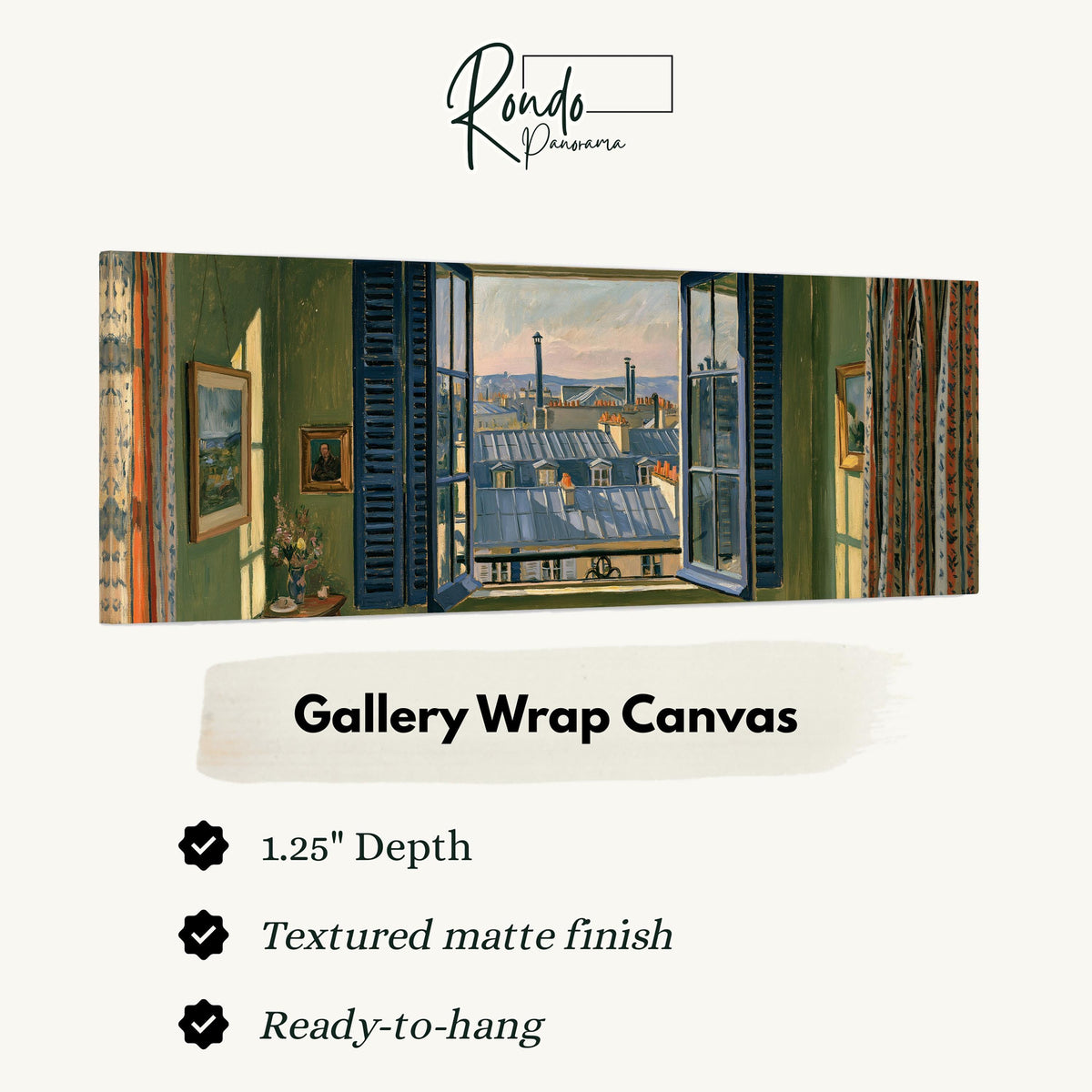 Paris zinc rooftops seen through a green room window gallery wrap canvas with the image wrapped around the edges