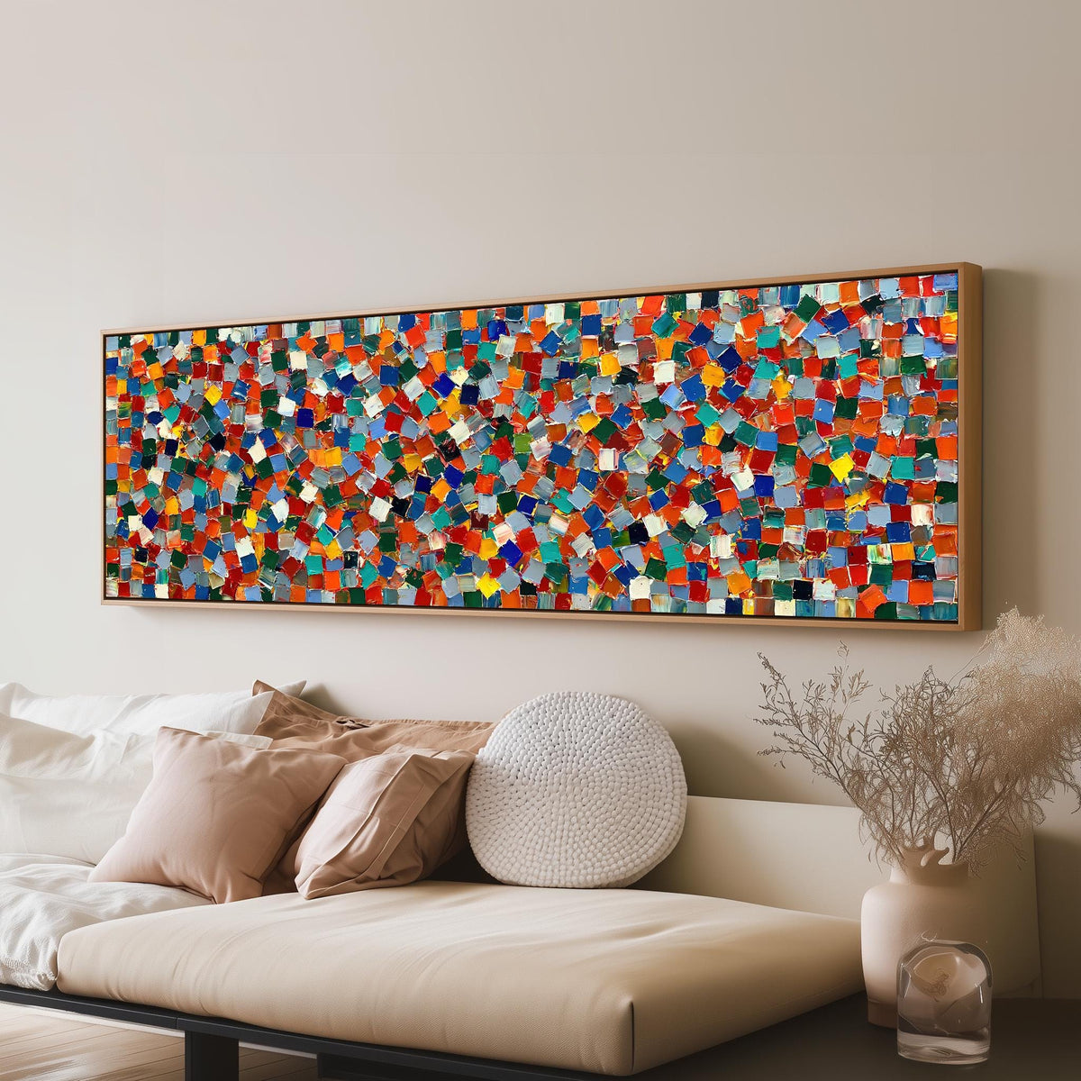 Colorful confetti mosaic squares panoramic canvas print above a sofa in a living room