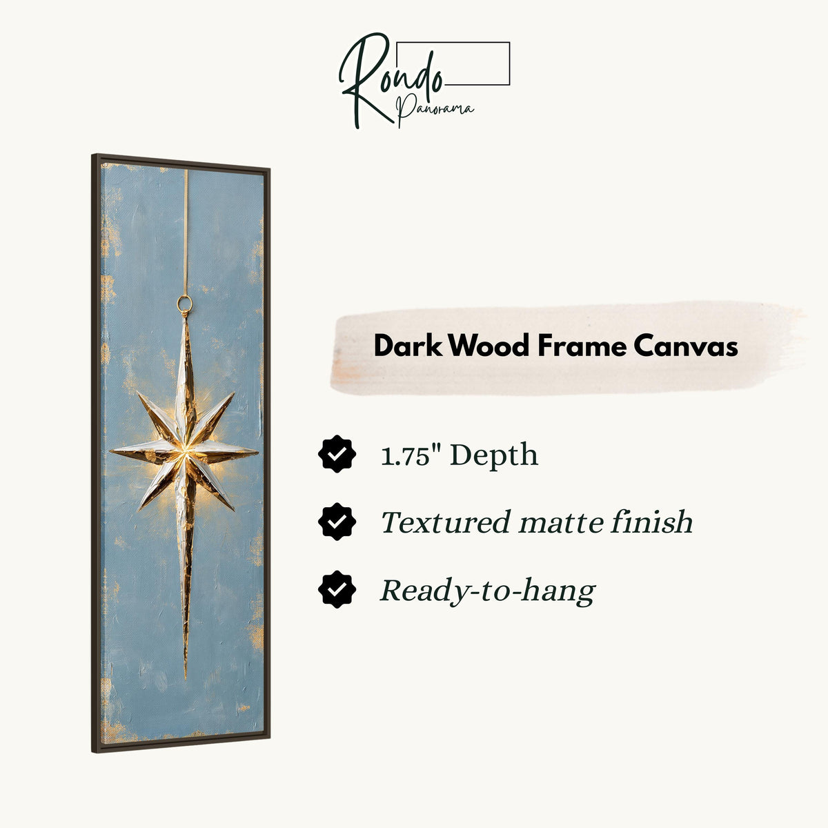 Gold and silver star ornament on blue canvas print in a dark wood floating frame