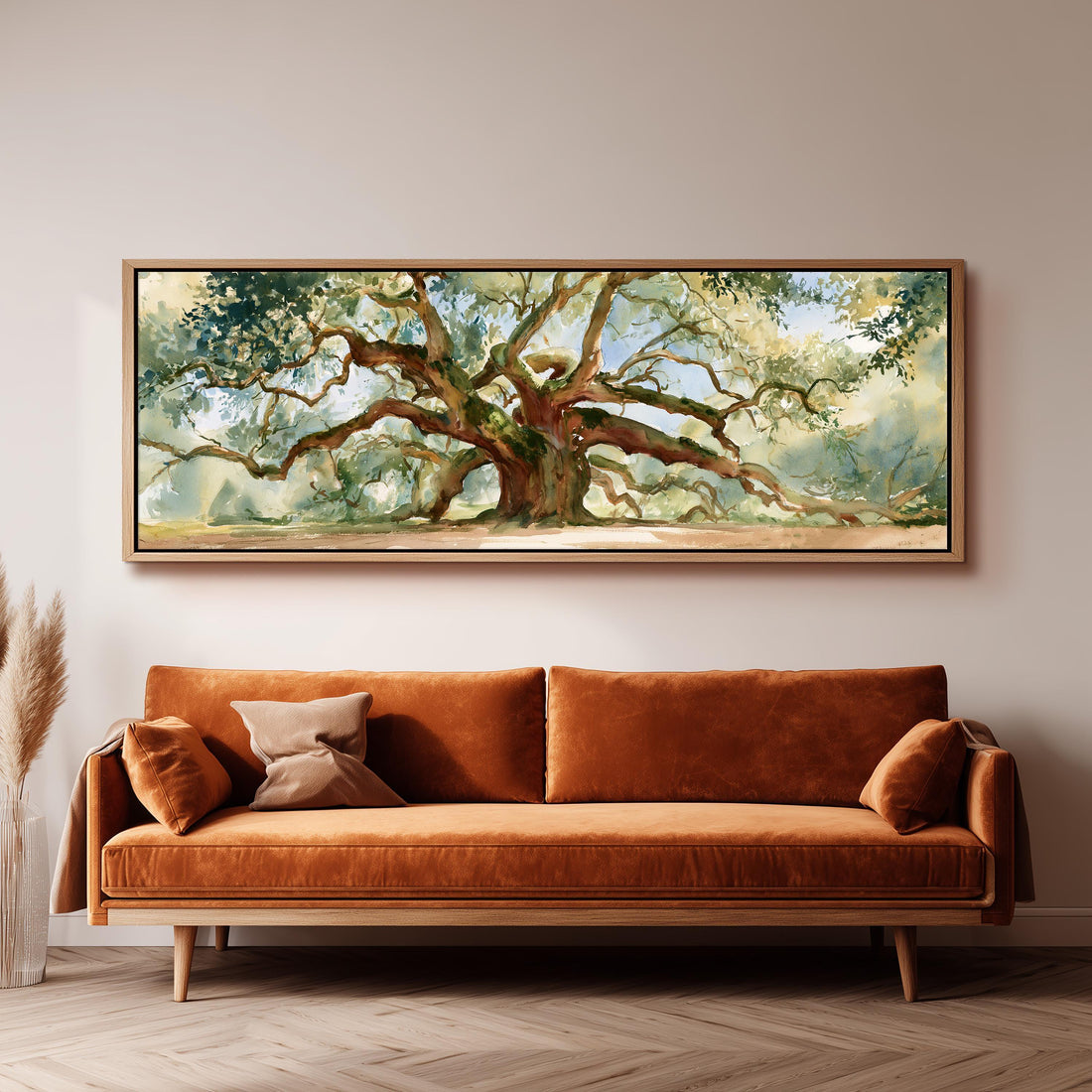 Sprawling southern live oak long horizontal canvas print above a sofa in a living room