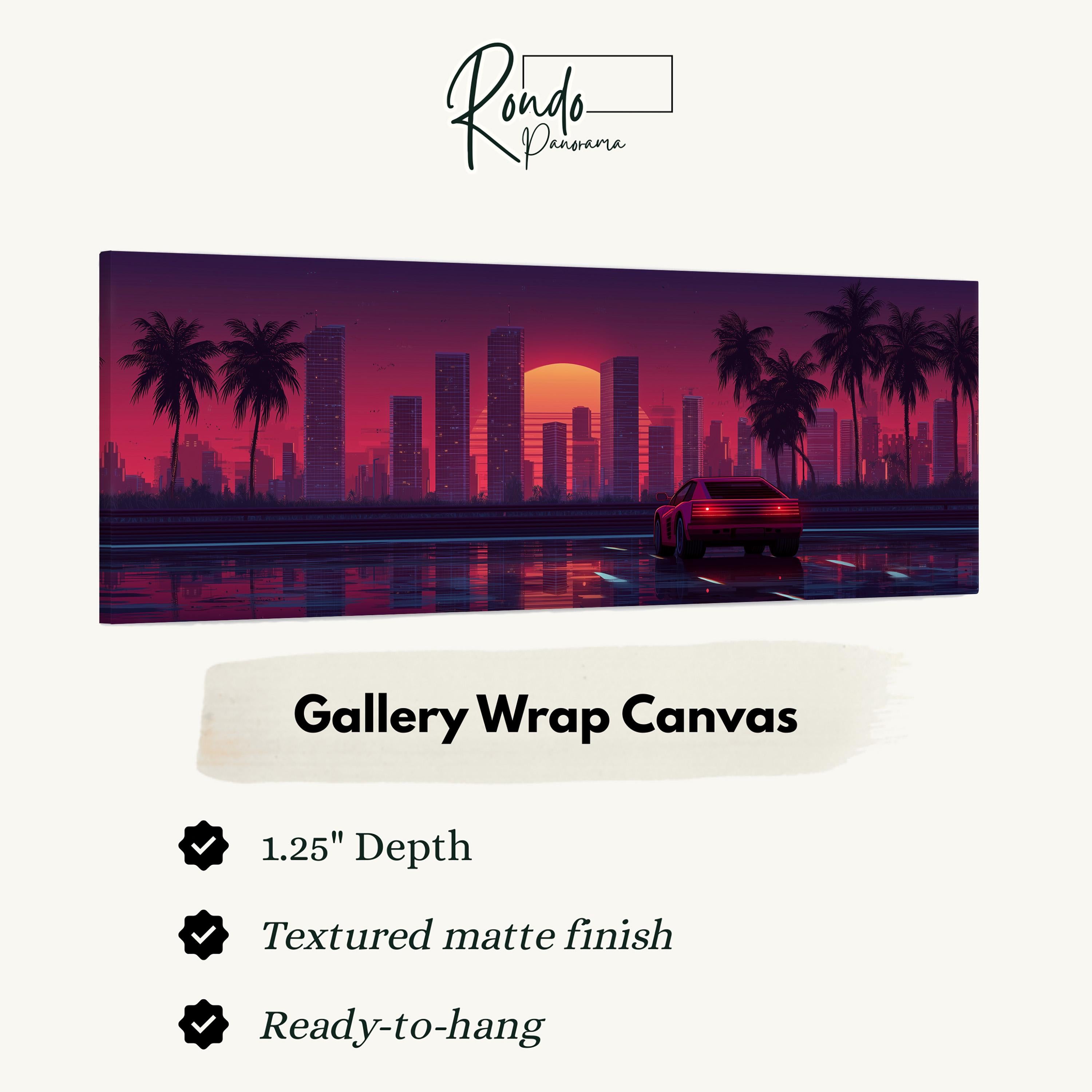 The image is a digital artwork depicting a cityscape at sunset with palm trees and a car driving on a road.