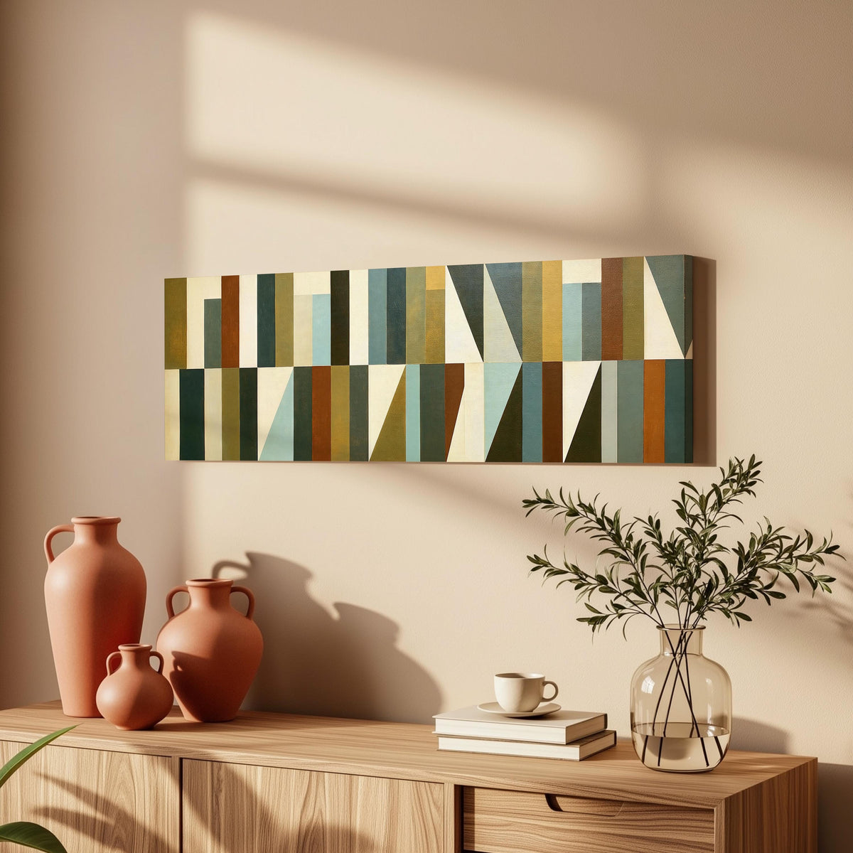 Earth tone geometric triangles long horizontal canvas print above a wooden sideboard