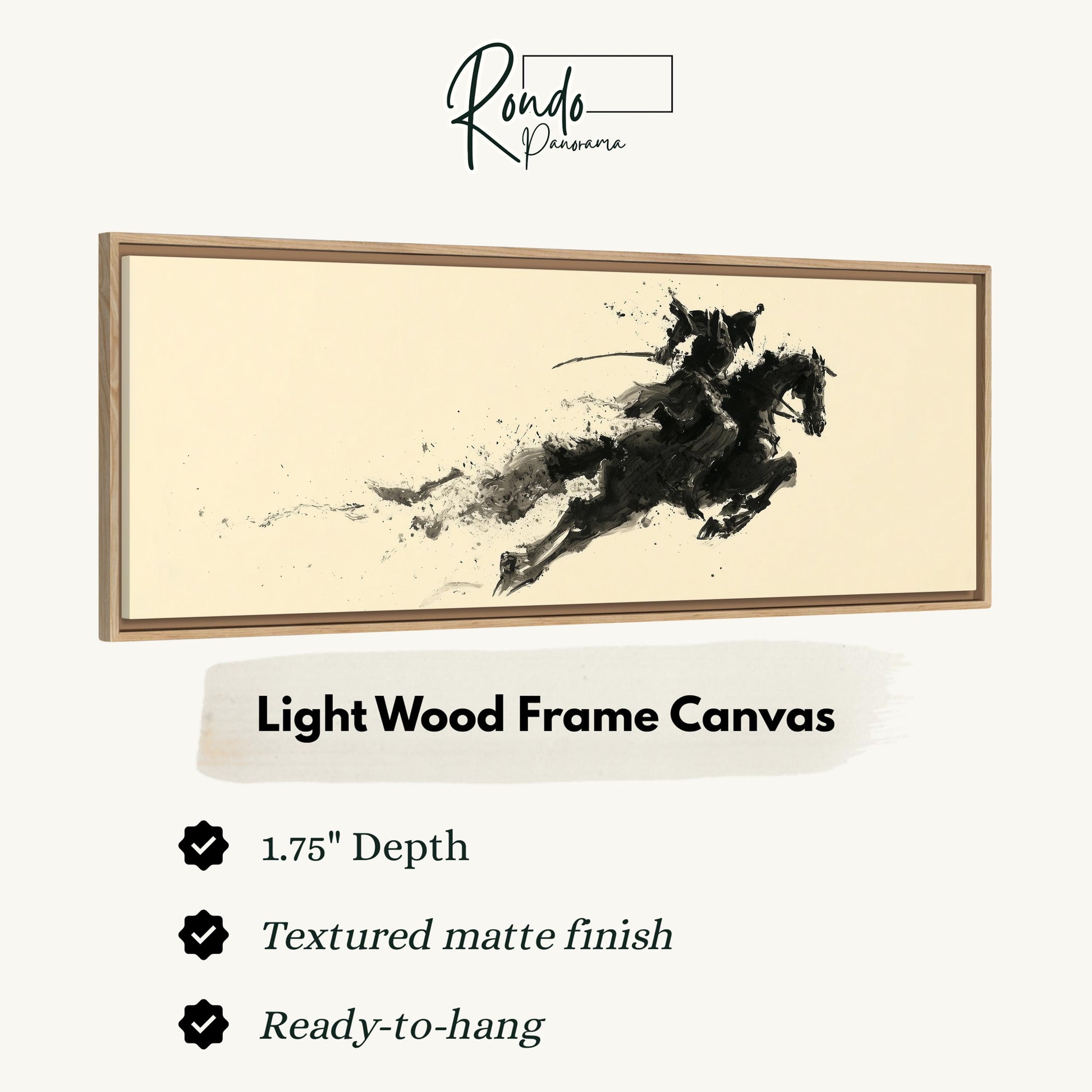 The image is a light wood frame canvas depicting a black horse in motion, with a textured matte finish.