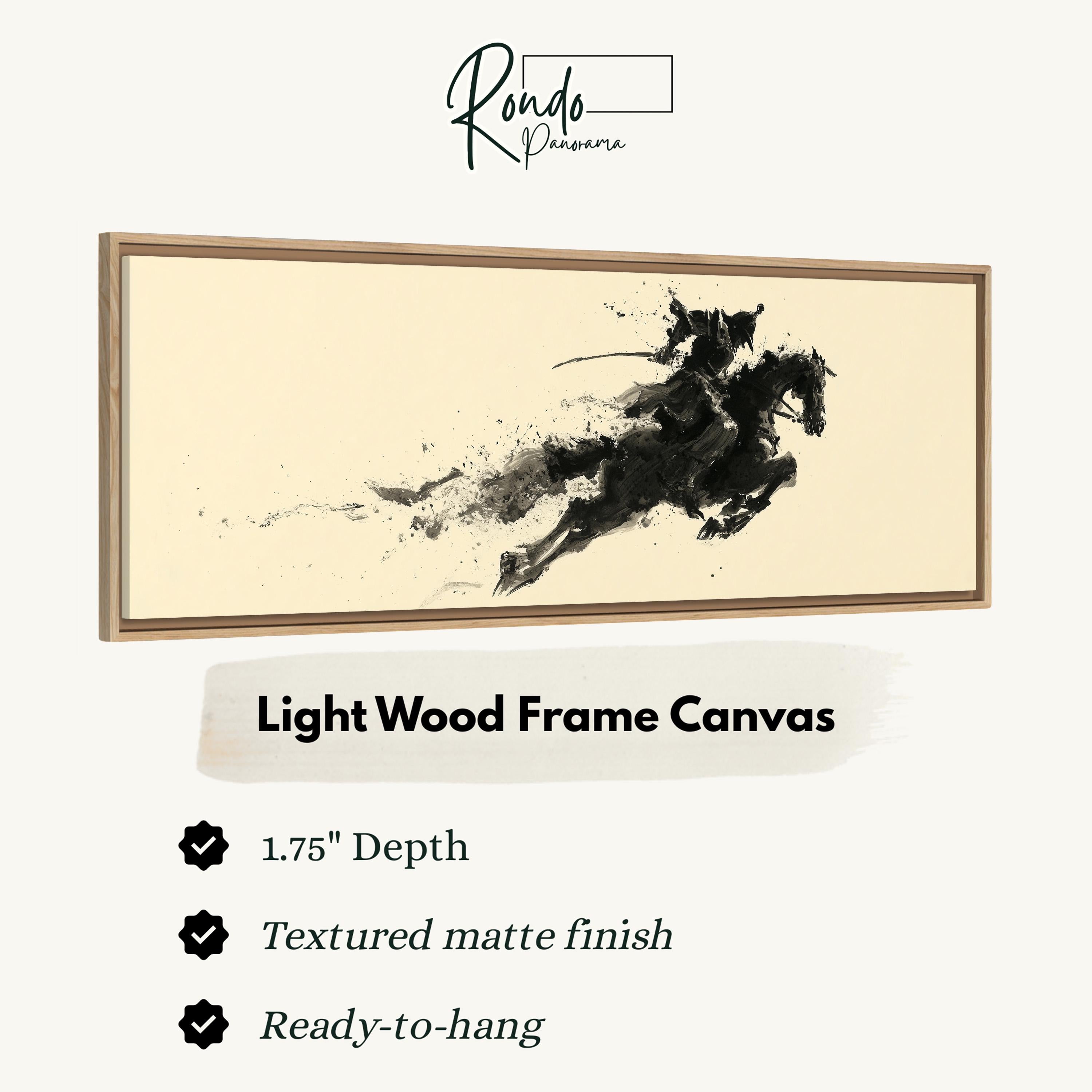 The image is a light wood frame canvas depicting a black horse in motion, with a textured matte finish.