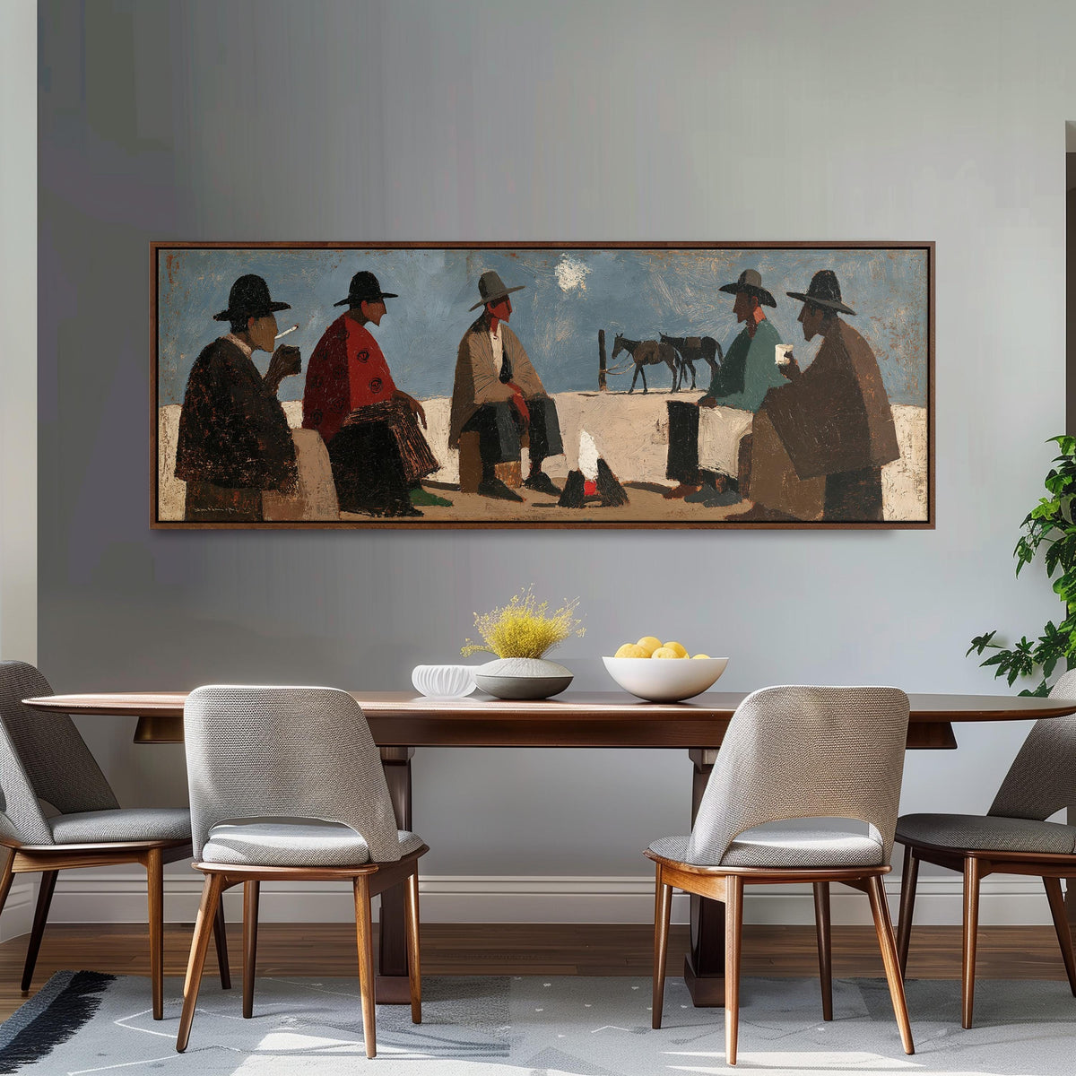 Cowboys gathered around a campfire long horizontal canvas print above a dining table