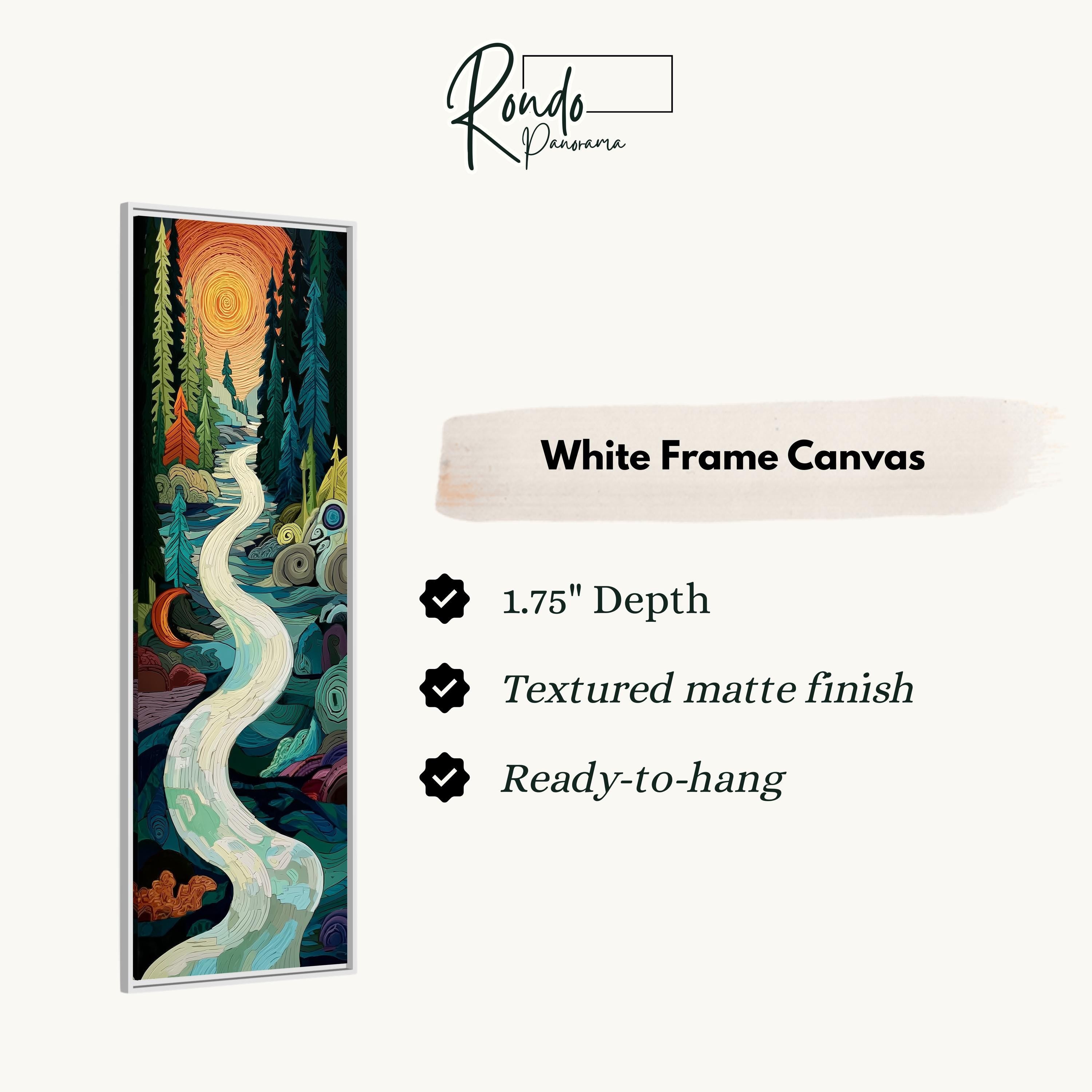 The image is a white frame canvas depicting a colorful, abstract landscape with a winding river and various elements such as trees, mountains, and a sunset.