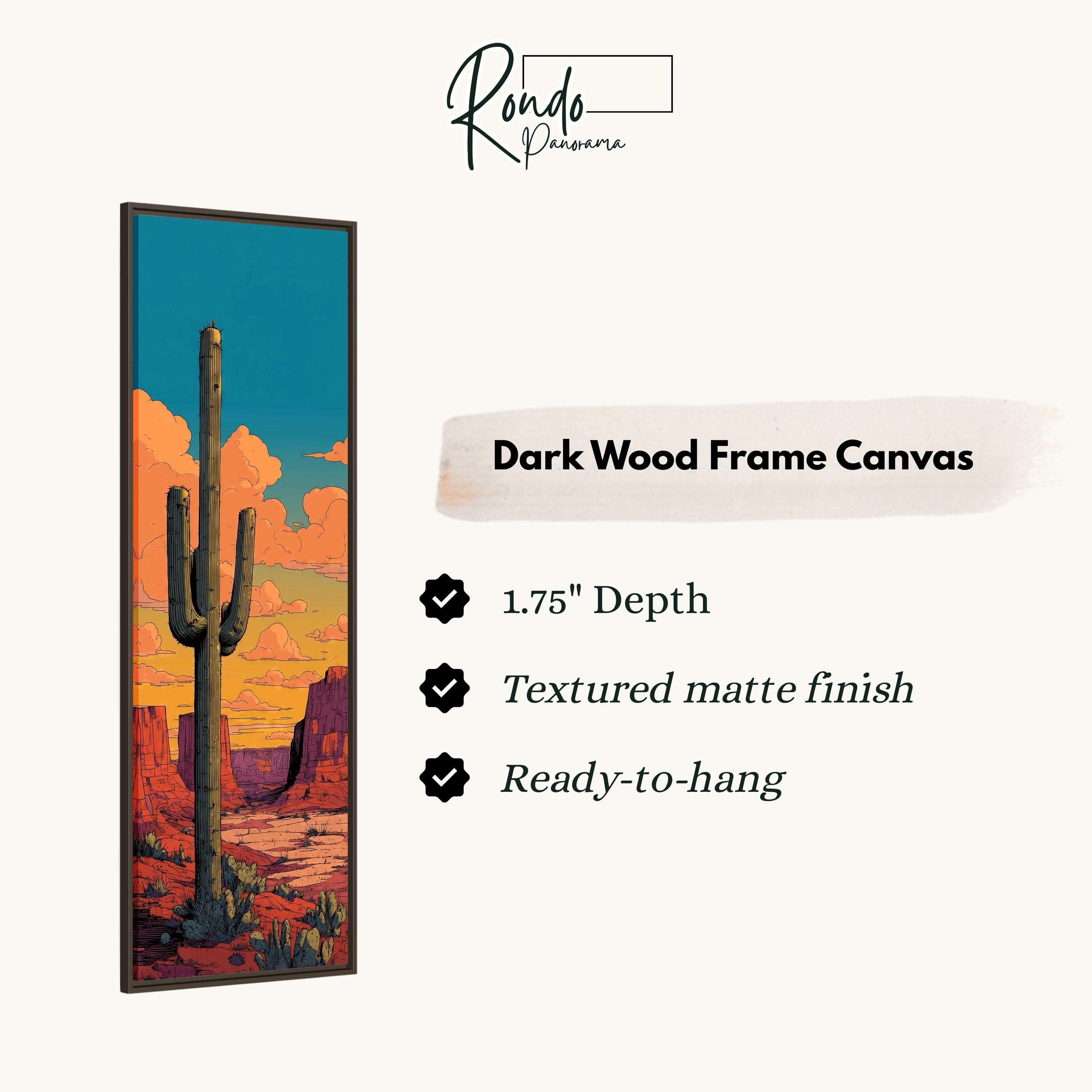 The image is a framed artwork depicting a cactus in a desert landscape with a sunset in the background.
