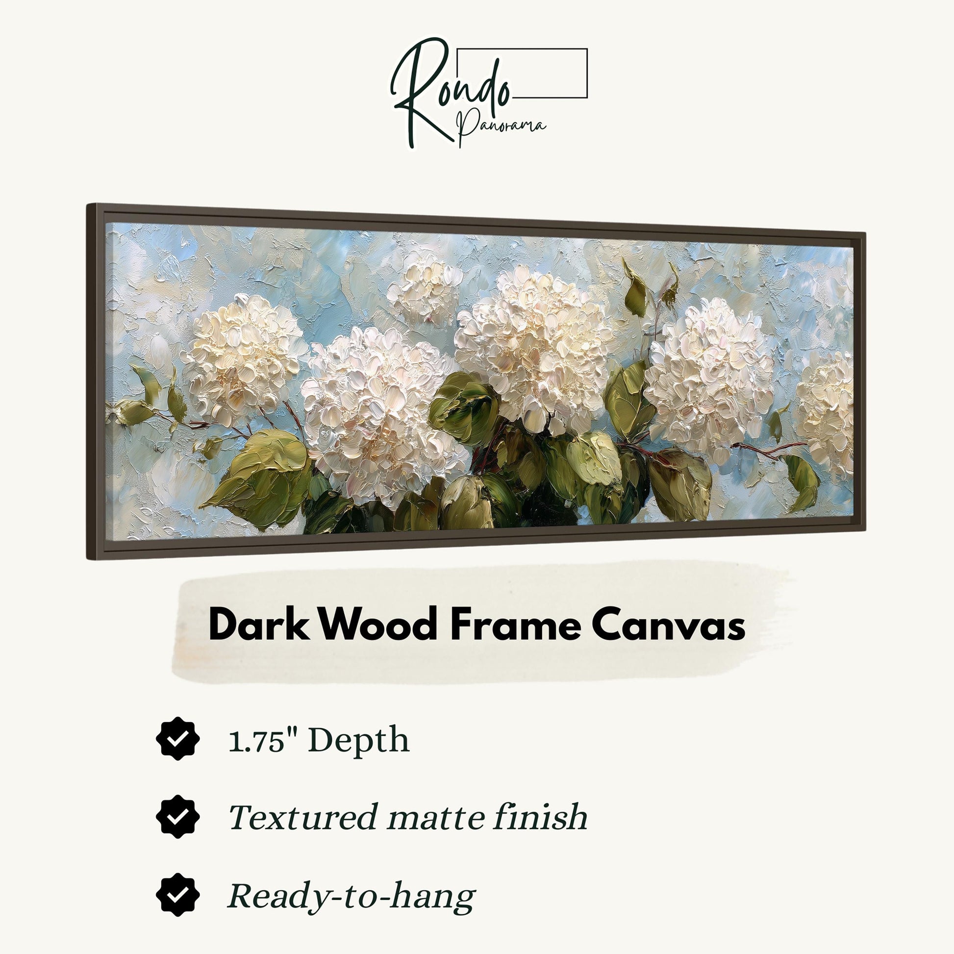 The image is a framed artwork depicting a painting of white hydrangea flowers with green leaves.