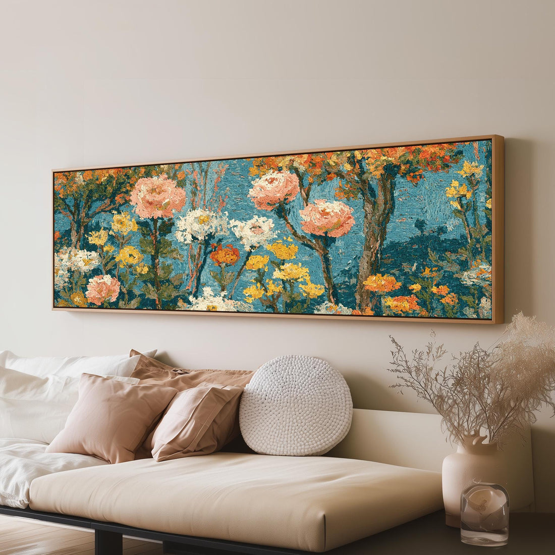 Pink blossom garden pattern long horizontal canvas print above a sofa in a living room