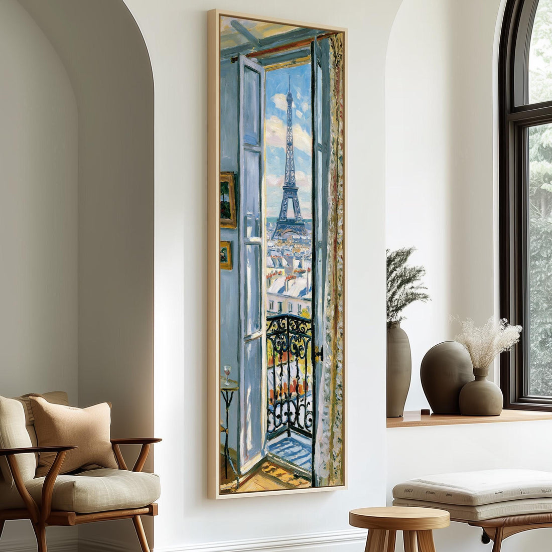 Eiffel Tower through a tall blue window long vertical canvas print in a sunlit living space