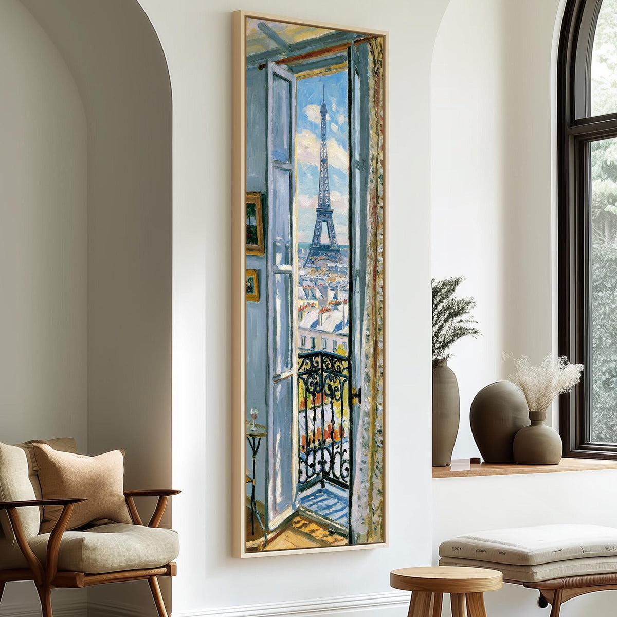 Eiffel Tower through a tall blue window long vertical canvas print in a sunlit living space