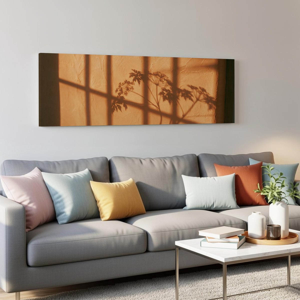 Plant and window shadows on a terracotta wall panoramic canvas print above a grey sofa in a living room