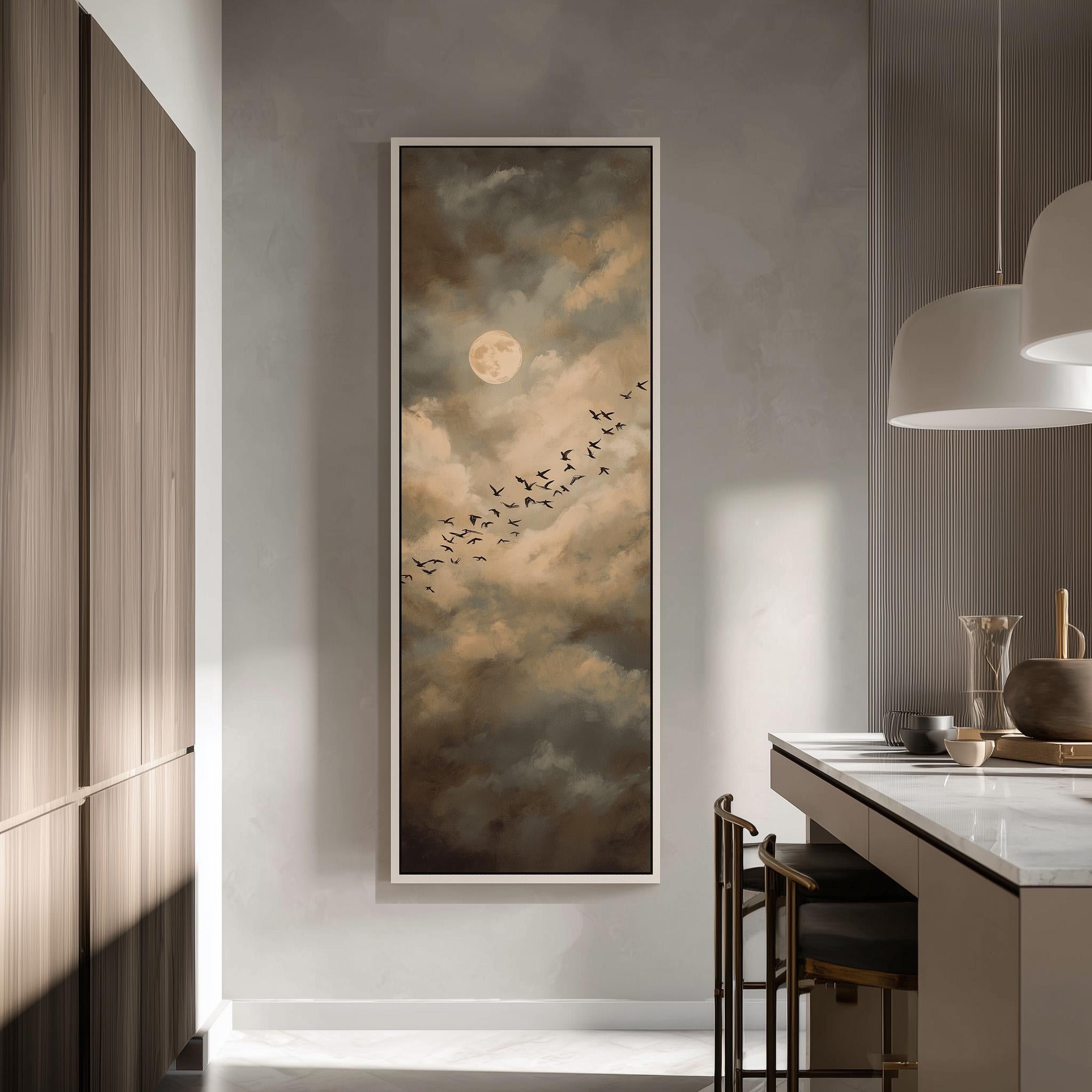 a large painting of a flock of birds flying across a cloudy sky, with a full moon visible in the background.