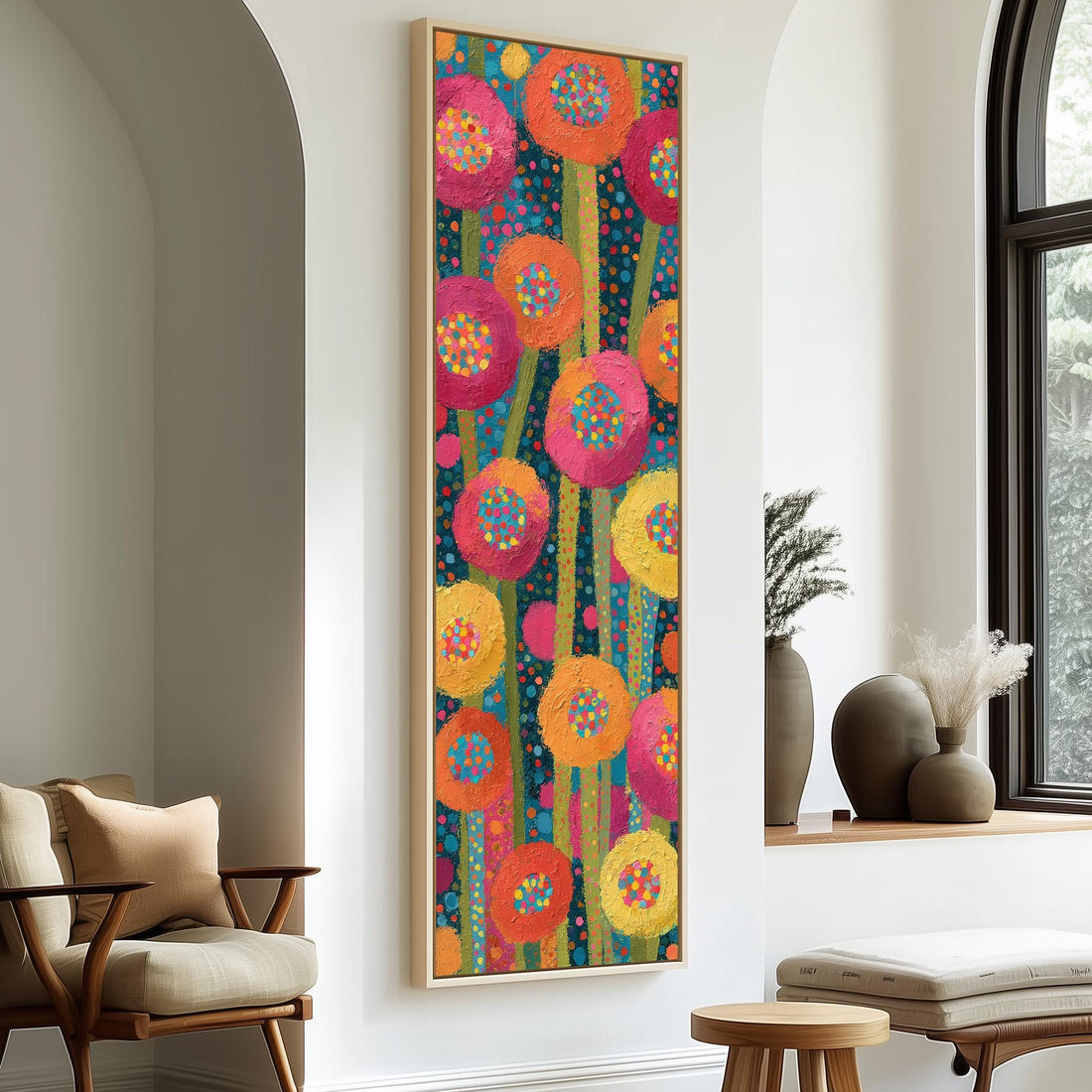 Folk art poppies made of dots long vertical canvas print in a sunlit living space