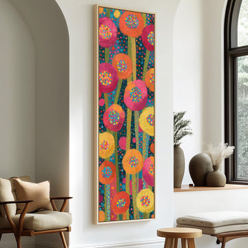 Folk art poppies made of dots long vertical canvas print in a sunlit living space
