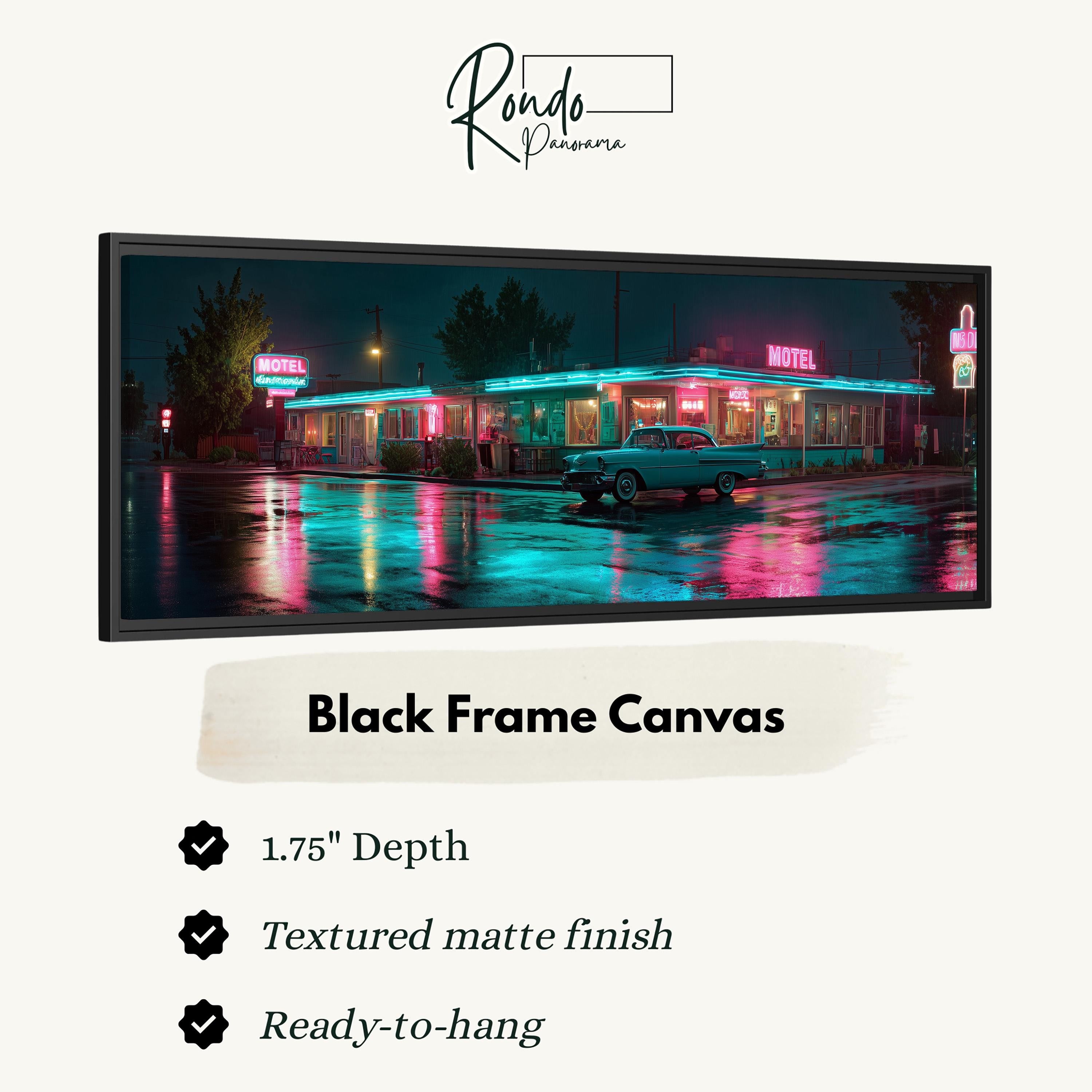 The image is a black frame canvas depicting a neon motel at night with a car parked in front of it.