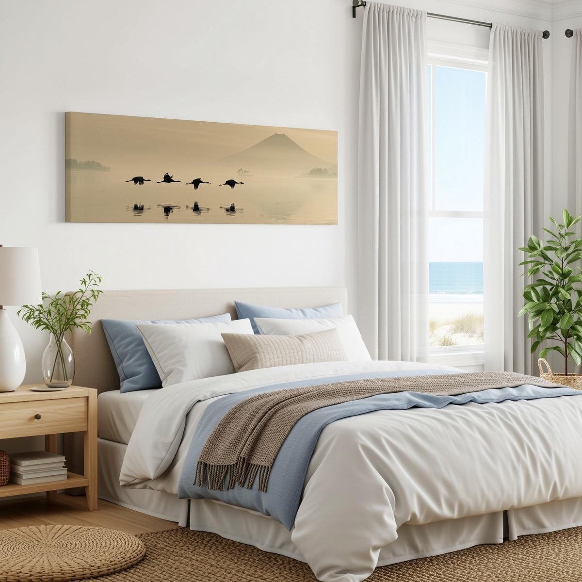Birds flying low over a lake below Mount Fuji panoramic canvas print above a bed in a coastal bedroom