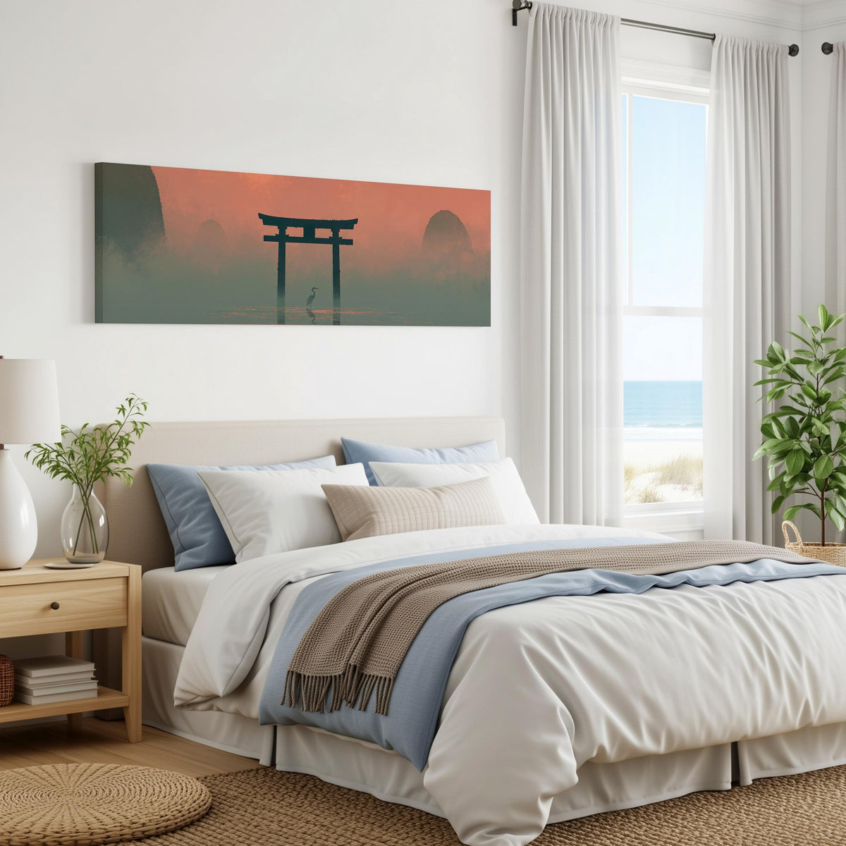 Torii gate and heron in pink mist panoramic canvas print above a bed in a coastal bedroom